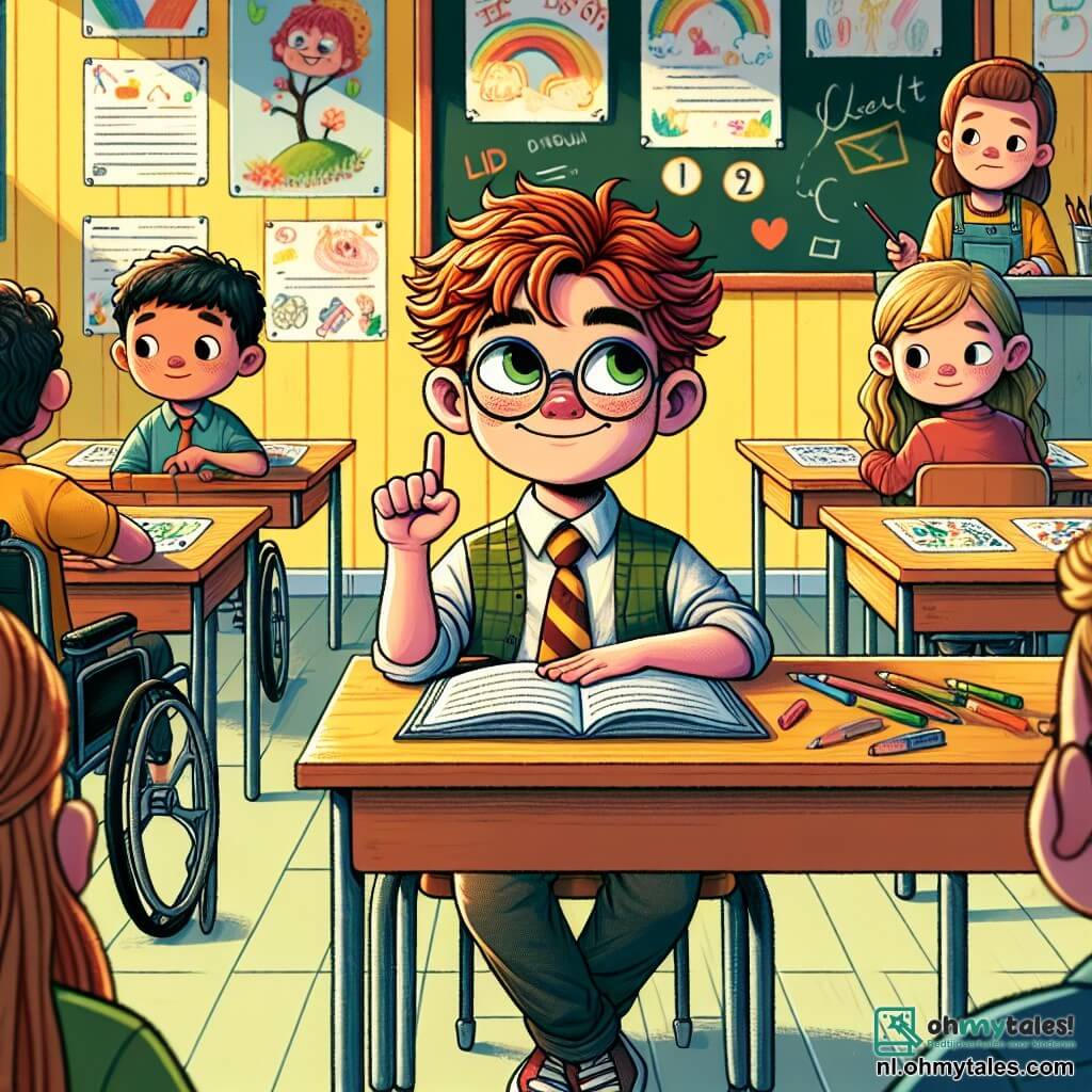 Illustratie van een heldere en kleurrijke klaslokaal, met gele muren en educatieve posters aan de muur. In het midden staat een zwart bord met tekeningen van kinderen en woorden in kleurrijke letters. In deze scène zit een zevenjarig jongetje met ruw rood haar en een ondeugende glimlach aan zijn bureau, met zijn handen op zijn knieën en een peinzende blik. Naast hem kijkt een jongen van dezelfde leeftijd, in een rolstoel, met bruin haar en een bril, nieuwsgierig naar zijn vriend. Iets verderop tekent een meisje van ongeveer zeven jaar, met lang blond haar, geconcentreerd op een blad. De belangrijkste situatie toont het rode jongetje, aarzelend, terwijl hij zijn hand opsteekt om toe te geven dat hij tegen zijn moeder heeft gelogen over zijn huiswerk. De sfeer is zowel gespannen als vol verwachting, met klasgenoten die aandachtig toekijken. Op het bureau ligt een open boek en een envelop met een briefje in kinderlijke letters, dat het geheim van de les over leugens symboliseert. Verspreide kleurpotloden voegen een creatieve toets aan de scène toe.
