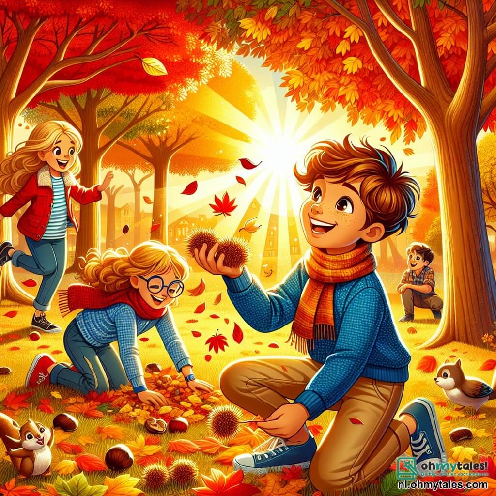 Illustratie van een herfstpark verlicht door het zachte gouden licht van de ondergang. De majestueuze bomen, met vurig rode, oranje en gele bladeren, staan trots rechtop terwijl bladeren langzaam op de grond vallen en een kleurrijke tapijt vormen. In het midden van de scène zit een 11-jarig jongetje met kastanjebruin, krullend haar, gekleed in een blauwe trui en beige broek. Hij hurkt met een stralende glimlach op zijn gezicht terwijl hij bladeren en glanzende kastanjes verzamelt, zijn ogen sprankelend van nieuwsgierigheid. Naast hem staan twee vrienden: een 10-jarig meisje met lang, blond haar en een rode sjaal, en een 11-jarig jongetje met een bril en bruin haar, die lachen en plezier hebben met het gooien van bladeren in de lucht. Samen delen ze een moment van vreugde, omringd door de schoonheid van de herfst, met lachsalvo's en levendige kleuren die de lucht vullen. Kleine dieren, zoals een nieuwsgierige eekhoorn en zingende vogels, voegen een vleugje leven toe aan deze betoverende scène.