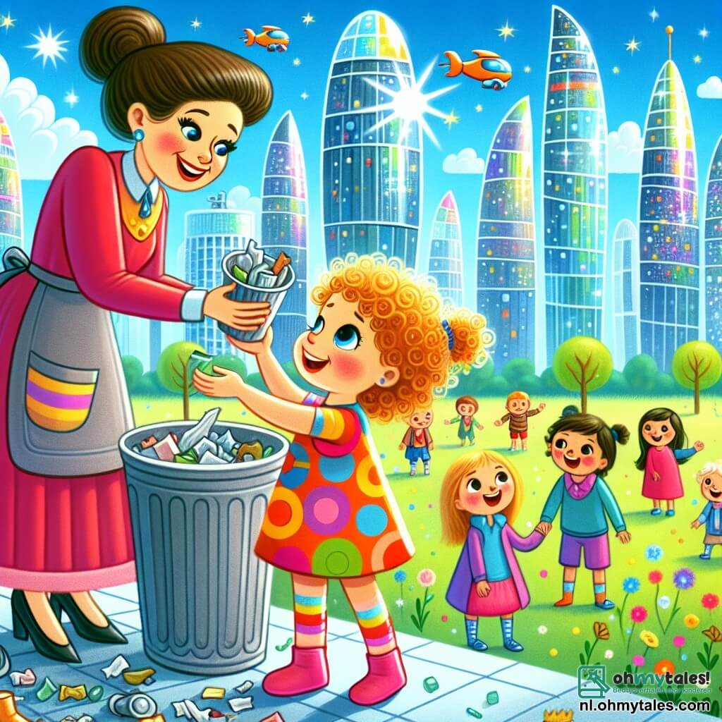 Une illustration sous forme de dessin destinée aux enfants représentant un parc futuriste de Glimstad, avec des bâtiments en verre scintillant sous le soleil, où une petite fille de 3 ans aux cheveux bouclés et aux yeux pétillants, vêtue d'une robe colorée, s'active joyeusement à ramasser des déchets pour les donner à une femme souriante, d'âge moyen, portant un uniforme de jardinier et entourée de machines brillantes, tandis qu'un groupe d'enfants aux vêtements vifs les observe avec enthousiasme, le tout sous un ciel bleu parsemé de nuages et de véhicules volants.