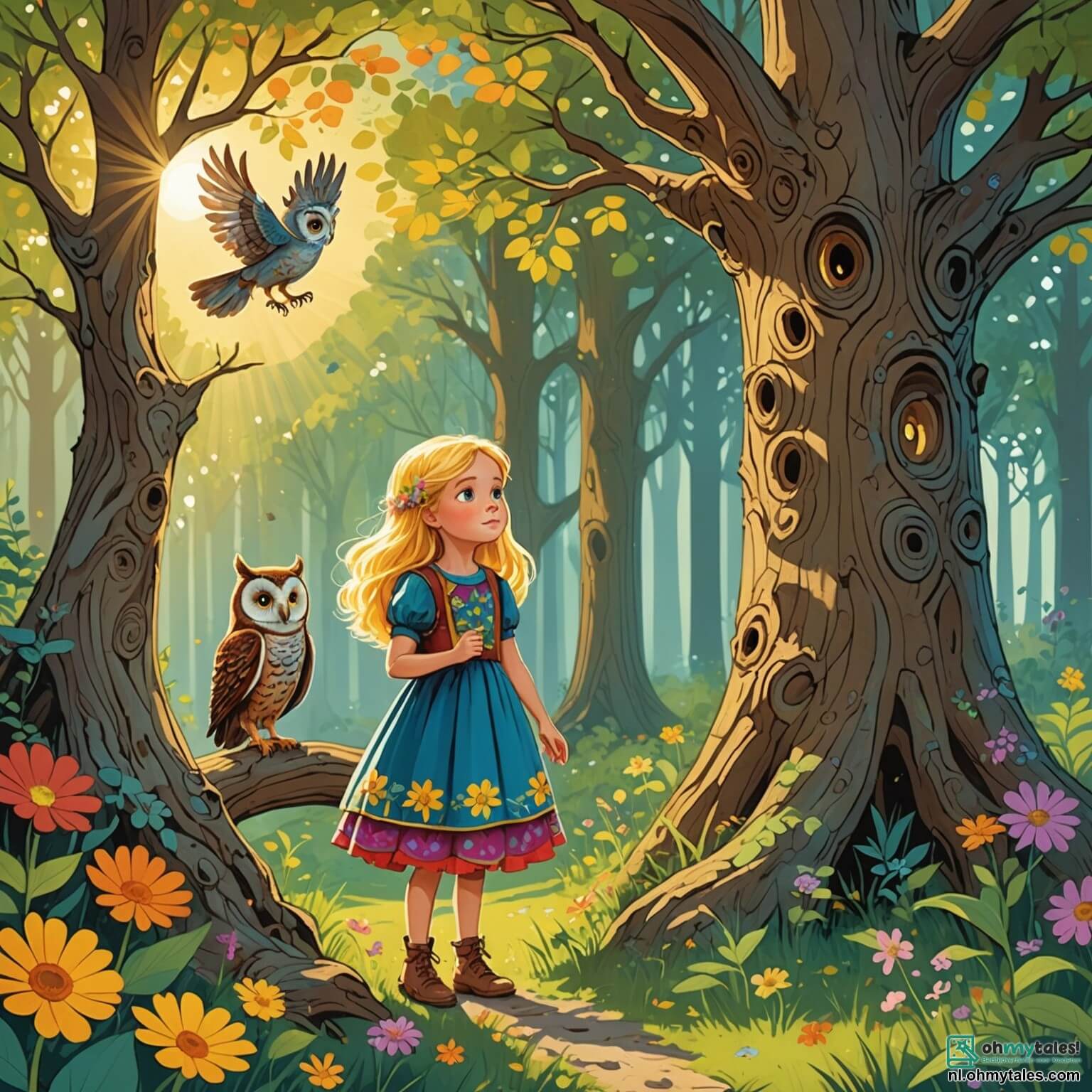 Une illustration destinée aux enfants représentant une petite fille aux cheveux dorés comme les rayons du soleil, vêtue d'une robe colorée ornée de fleurs éclatantes, se tenant au bord d'une clairière enchantée où les arbres majestueux, aux troncs noueux et aux feuilles scintillantes, dansent doucement sous la brise légère, tandis qu'elle écoute attentivement les sages paroles d'une vieille chouette aux plumes argentées, perchée sur une branche, qui lui enseigne les mystères de la vie et l'importance de l'amitié, tout en partageant des rires avec ses deux amies, une fille à la chevelure brune et des yeux pétillants de curiosité, et une autre fille aux cheveux noirs comme l'ébène, qui s'émerveillent ensemble devant les merveilles de la nature qui les entoure, avec des fleurs multicolores qui s'épanouissent autour d'elles et un doux ruisseau qui murmure des secrets à leurs oreilles.