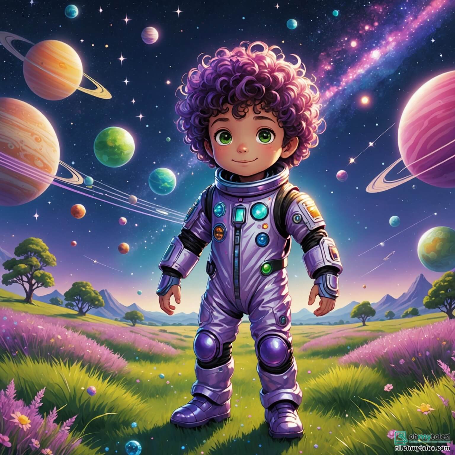 Une illustration destinée aux enfants représentant un petit garçon aux cheveux bouclés et aux yeux pétillants de curiosité, vêtu d'une combinaison spatiale brillante ornée d'étoiles scintillantes, se tenant au milieu d'une vaste plaine d'herbe violette sous un ciel étoilé où des planètes colorées dansent autour de lui, tandis qu'il fait la connaissance de deux extraterrestres aux teintes éclatantes, l'un vert avec des antennes frétillantes et l'autre rose avec des ailes translucides, qui l'invitent à explorer leur monde fantastique, rempli de fleurs luminescentes et de rivières de lumière, où chaque créature semble chanter et danser au rythme des étoiles.