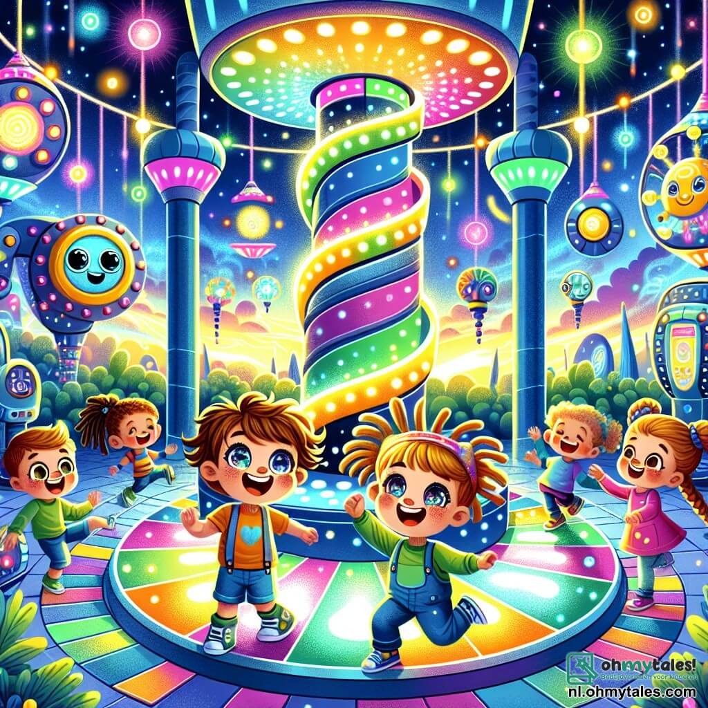 Illustratie van een levendige scène in de Magische Speelplaats in de futuristische stad Neonopolis. De locatie is gevuld met kleurrijke en glinsterende structuren, met glanzende spiraalvormige glijbanen en interactieve spellen die in de lucht zweven. Felgekleurde robots dansen rond de kinderen en creëren een vrolijke en dynamische sfeer. In het midden van de afbeelding staat een 5-jarig jongetje met rommelig bruin haar en nieuwsgierige sprankelende ogen, gekleed in een blauwe t-shirt en een gele short. Hij glimlacht breed, met zijn armen in de lucht, terwijl hij danst met een vriendelijke robot die grote ronde ogen en een stralende glimlach heeft. Om hem heen zijn verschillende kinderen aanwezig: een 6-jarig meisje met blonde vlechten en een roze jurk, die lacht terwijl ze met een andere robot speelt, en een 5-jarig jongetje met een bril en een groene t-shirt, die probeert een klein robotje te laten dansen bij zijn voeten. De hoofdscène toont de groep kinderen die samen plezier hebben, omringd door futuristische spellen, terwijl een kleurrijke gloed de scène verlicht en een magische en speelse sfeer creëert. Groene planten en gloeiende bloemen voegen een vleugje natuur toe aan deze technologische omgeving.