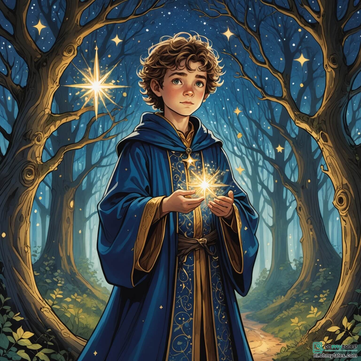 Une illustration destinée aux enfants représentant un jeune apprenti sorcier aux cheveux ébouriffés et aux yeux pétillants de curiosité, vêtu d'une robe d'un bleu profond ornée de motifs d'étoiles scintillantes, se tenant au milieu d'une forêt enchantée où les arbres majestueux aux troncs noueux s'élèvent vers le ciel, leurs feuilles chatoyantes dansant au gré du vent, tandis qu'une douce lumière dorée filtre à travers les branches, illuminant le visage émerveillé de cet apprenti, qui se trouve face à une vieille sorcière aux cheveux argentés et à la voix douce comme un murmure, prête à lui enseigner les secrets de la magie, tout en étant entouré de créatures fantastiques, comme un hibou sage aux yeux ronds et brillants, et un petit dragon aux écailles scintillantes, tous deux curieux de découvrir les talents de ce garçon intrépide dans un monde où l'imaginaire prend vie.