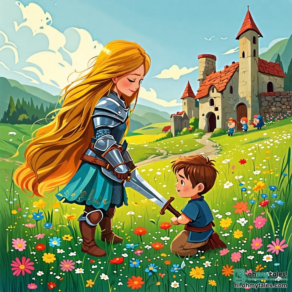 Une illustration sous forme de dessin destinée aux enfants représentant une vaste plaine verdoyante, parsemée de fleurs colorées, où se tient une courageuse chevaleresse aux cheveux longs et dorés, portant une armure étincelante et brandissant un épée, alors qu'elle aide un jeune garçon aux yeux brillants et aux cheveux bruns, qui pleure près d'une maison en ruines, symbolisant leur quête commune pour surmonter la tristesse et la perte, avec en arrière-plan un village animé de villageois reconnaissants qui regardent avec espoir.