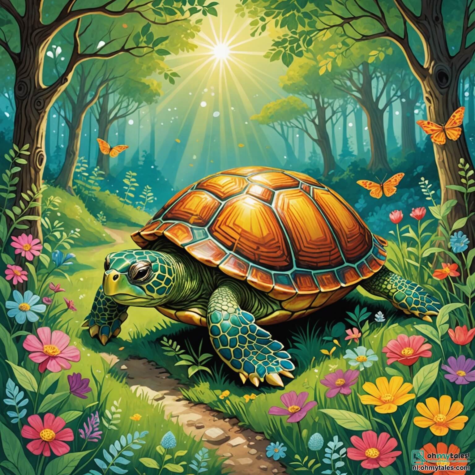 Une illustration destinée aux enfants représentant une tortue au doux regard pétillant, avec un magnifique carapace ornée de motifs scintillants, se frayant lentement un chemin à travers une forêt enchantée où les rayons du soleil dansent à travers les feuillages verdoyants, illuminant les fleurs multicolores qui s'épanouissent autour d'elle, tandis qu'elle rêve d'aventures au sommet d'une grande colline, tout en croisant le chemin d'un joyeux lapin aux grandes oreilles et d'une sage chouette perchée sur une branche, qui l'encouragent à poursuivre son voyage malgré sa lenteur.