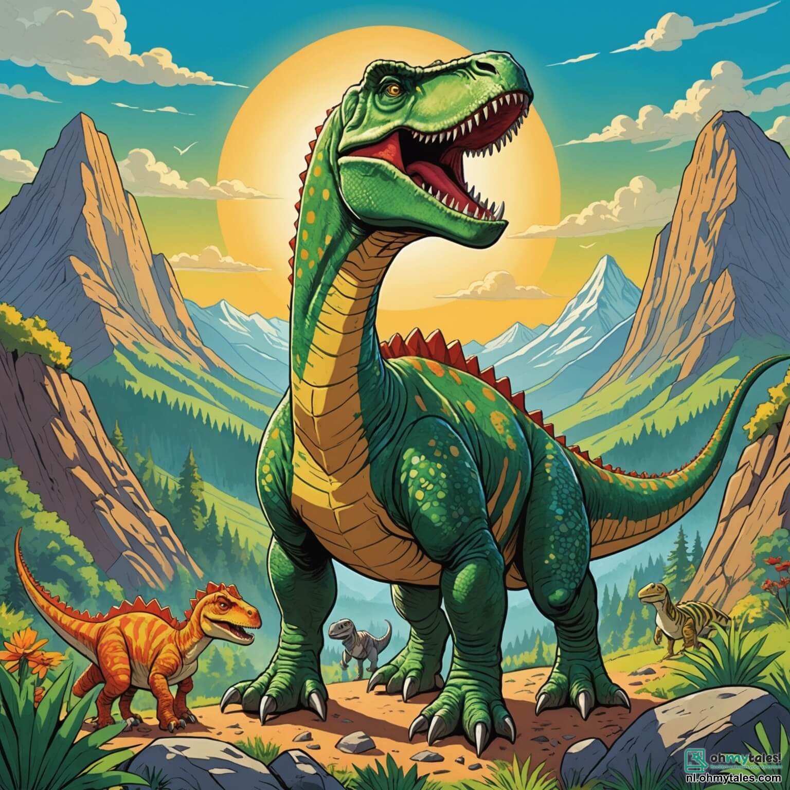 Une illustration destinée aux enfants représentant une majestueuse Tyrannosaure Rex, au corps musclé et aux écailles vertes scintillantes sous le soleil éclatant, se tenant fièrement au sommet d'une montagne escarpée, entourée de ses amis joyeux, un Brontosaurus au long cou, un Stegosaurus aux plaques colorées, une Velociraptor agile et un Triceratops aux cornes imposantes, tous prêts à explorer ensemble les vallées luxuriantes et les forêts denses parsemées de fleurs éclatantes et de grands arbres, tout en faisant face à l'excitation et aux défis d'une aventure palpitante à la recherche de mystères cachés derrière les sommets majestueux.