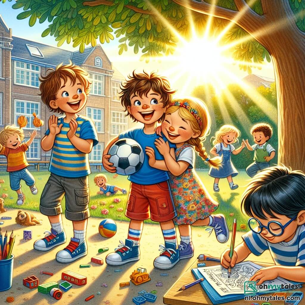 Illustratie van een levendige scène op een zonnige schoolspeelplaats, met een majestueuze eik op de achtergrond, waarvan de groene bladeren zachtjes dansen in de wind. Op de voorgrond een groep van vier kinderen: een achtjarig jongetje met rommelig bruin haar, in een blauwe t-shirt en rode shorts, die breed glimlacht terwijl hij een voetbal vasthoudt; een zevenjarig meisje met gevlochten blond haar, gekleed in een kleurrijke bloemenjurk, die vrolijk applaudisseert; een andere achtjarige jongen met een bril en zwart haar, die aan het tekenen is op een stuk papier; en tot slot een zevenjarig jongetje met kastanjebruin haar en een pet, die met bewondering naar de tekening van zijn vriend kijkt. De hoofdscène toont de kinderen die samen spelen, lachend en zich vermakend, wat de geest van vriendschap en kameraadschap op de speelplaats illustreert. Extra elementen zijn verspreide speelgoedjes, kinderen die verderop spelen, en zonnestralen die de scène verlichten, wat een vrolijke en uitnodigende sfeer creëert.