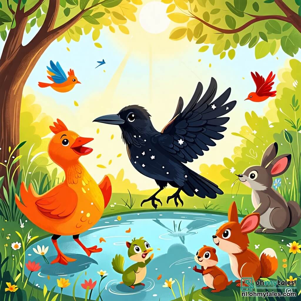 Une illustration sous forme de dessin destinée aux enfants représentant une clairière ensoleillée au bord d'un étang, où un corbeau aux plumes noires brillantes et aux yeux pétillants danse joyeusement en sautillant, entouré d'une canne à l'allure joyeuse avec un plumage éclatant qui bat des ailes en riant, tandis qu'une bande d'animaux colorés, comme des écureuils et des lapins, les observe avec des sourires émerveillés, le tout capturant l'esprit d'un festin de danse et de camaraderie.