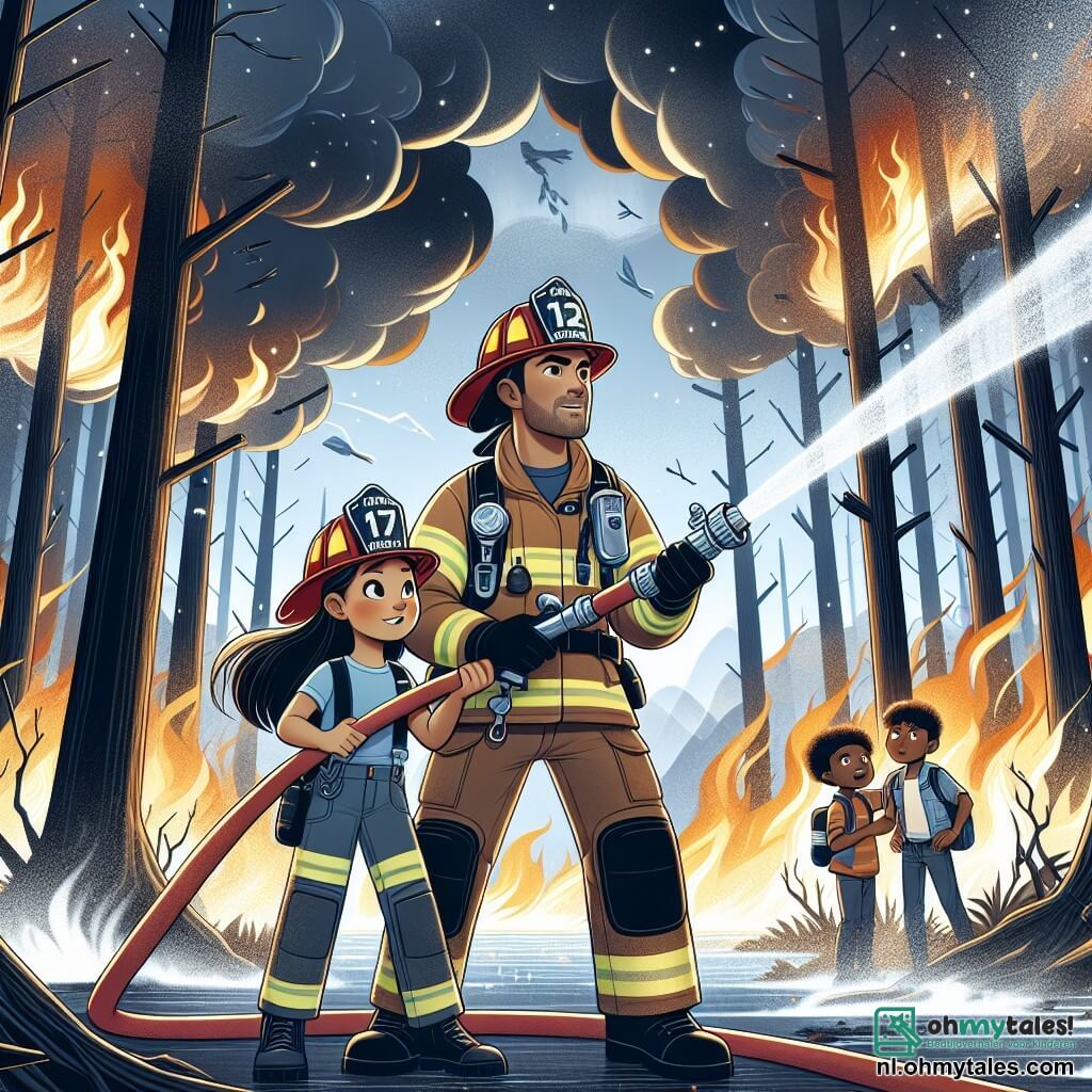 Illustratie van een dynamische scène in een brandende bos, met hoge bomen met zwarte stammen en felle oranje vlammen die tussen de takken dansen. Op de voorgrond staat een dappere vrouw in brandweerkleding, met een glanzende helm en een vastberaden uitdrukking op haar gezicht, die stevig een brandslang vasthoudt en een krachtige straal water op het vuur richt. Naast haar staat een man van ongeveer 30 jaar, ook in uniform, met bruin haar en een baard, die haar instructies geeft terwijl hij de uitrusting controleert. Op de achtergrond kijken kinderen, een jongen van 8 jaar en een meisje van 7 jaar, met bewondering en verwonderde ogen naar de moed van de brandweermannen. De sfeer is geladen met adrenaline en vastberadenheid, met grijze rookwolken die de blauwe lucht in stijgen. Details zoals glinsterende waterdruppels en vliegende vonken voegen een vleugje magie toe aan deze heroïsche scène.