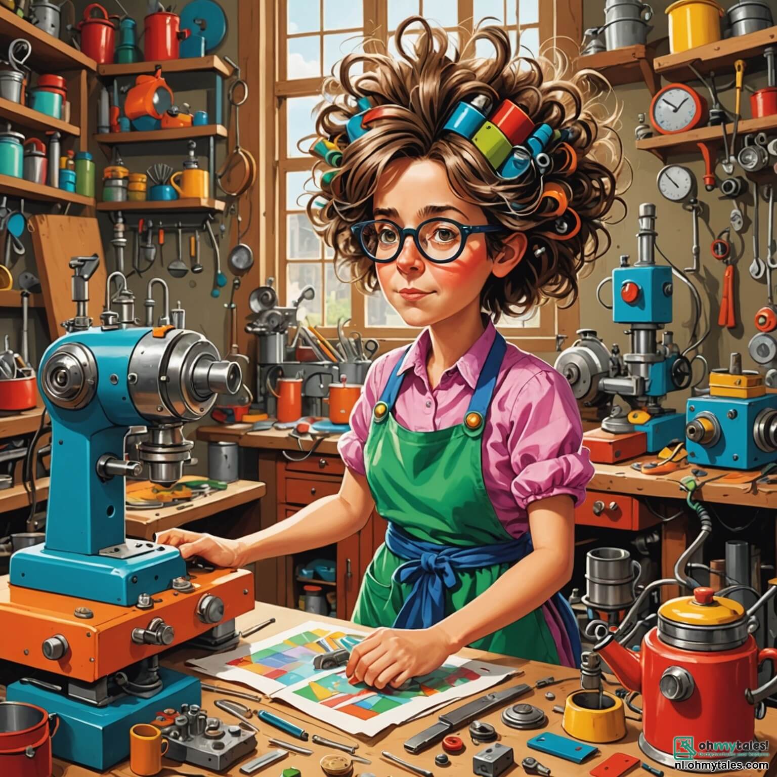 Une illustration destinée aux enfants représentant une femme excentrique aux cheveux en bataille, portant des lunettes rondes et un tablier coloré, entourée de machines étranges et de gadgets farfelus dans son atelier débordant de couleurs vives et de bruits amusants, où elle tente de créer une invention incroyable, la "Wensmachine", avec l'aide de son ami, un petit garçon curieux et espiègle aux grandes oreilles, ainsi que d'une tortue sage et amicale, tous deux émerveillés par les éclats de lumière et les nuages de fumée qui s'échappent de la machine, dans le charmant village de Knotsenburg, où les maisons sont peintes de mille couleurs et les jardins regorgent de fleurs éclatantes et de rires d'enfants.