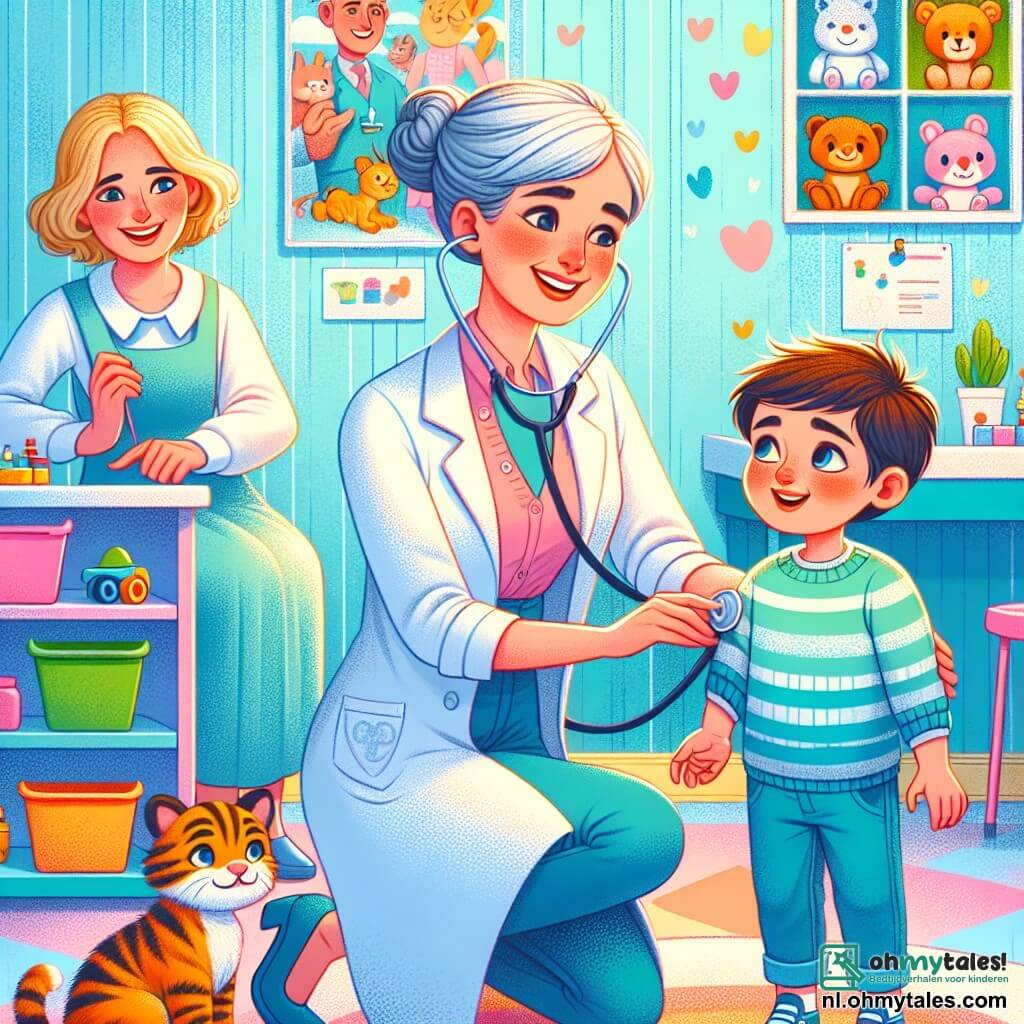 Illustratie van een kleurrijke en uitnodigende kliniek, met muren geschilderd in luchtblauw en decoraties van tekeningen van glimlachende dieren. In het midden knielt een glimlachende vrouwelijke arts, gekleed in een witte jas met een stethoscoop om haar nek, naast een jonge jongen van ongeveer 7 jaar. De jongen heeft rommelig bruin haar en een bezorgde uitdrukking op zijn gezicht, terwijl hij zijn arm vasthoudt met een lichte pijnlijke grimlach. Naast hen kijkt een verpleegster, een vrouw van rond de dertig met blond haar in een knot, vriendelijk naar de scène, klaar om te helpen. De vrouwelijke arts onderzoekt aandachtig de arm van de jongen, terwijl een klein kitten met heldere ogen en gestreept haar aan hun voeten nieuwsgierig kijkt. De sfeer is warm en geruststellend, met kleurrijk speelgoed verspreid in de kamer en een poster van gezonde dieren aan de muur. De hoofdscène toont de arts die de jongen geruststelt met een bemoedigende glimlach, terwijl het kitten een vleugje zachtheid toevoegt aan deze zorgzame en medelevenvolle scène.