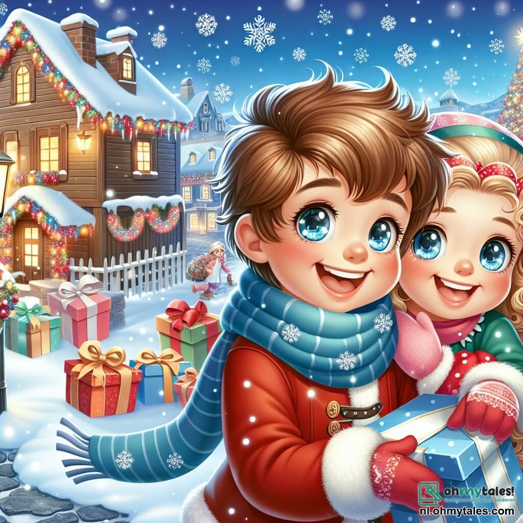 Une illustration sous forme de dessin destinée aux enfants représentant un charmant village enneigé décoré pour Noël, avec un garçon de 11 ans aux cheveux châtains et aux yeux pétillants, vêtu d'un manteau rouge et d'une écharpe bleue, joyeusement en train d'emballer des cadeaux aux côtés d'une petite fille aux cheveux blonds et bouclés, portant une robe verte, tous deux souriant et entourés de flocons de neige scintillants, tandis qu'en arrière-plan, une grande maison en bois avec des lumières colorées et une immense cheminée dégage une atmosphère chaleureuse et festive.