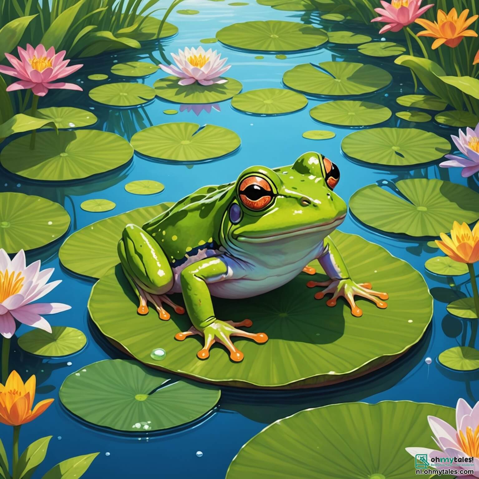 Une illustration destinée aux enfants représentant une petite grenouille verte aux yeux pétillants, perchée sur un grand et doux nénuphar au milieu d'un moût de fleurs colorées et de feuilles scintillantes, rêvant de voler dans le ciel azur tout en étant entourée de ses amis, des grenouilles joyeuses et des insectes curieux, dans un paisible marais où la lumière du soleil danse sur l'eau et où le chant des oiseaux se mêle à l'écho des rires, créant une atmosphère magique et pleine d'aventures.