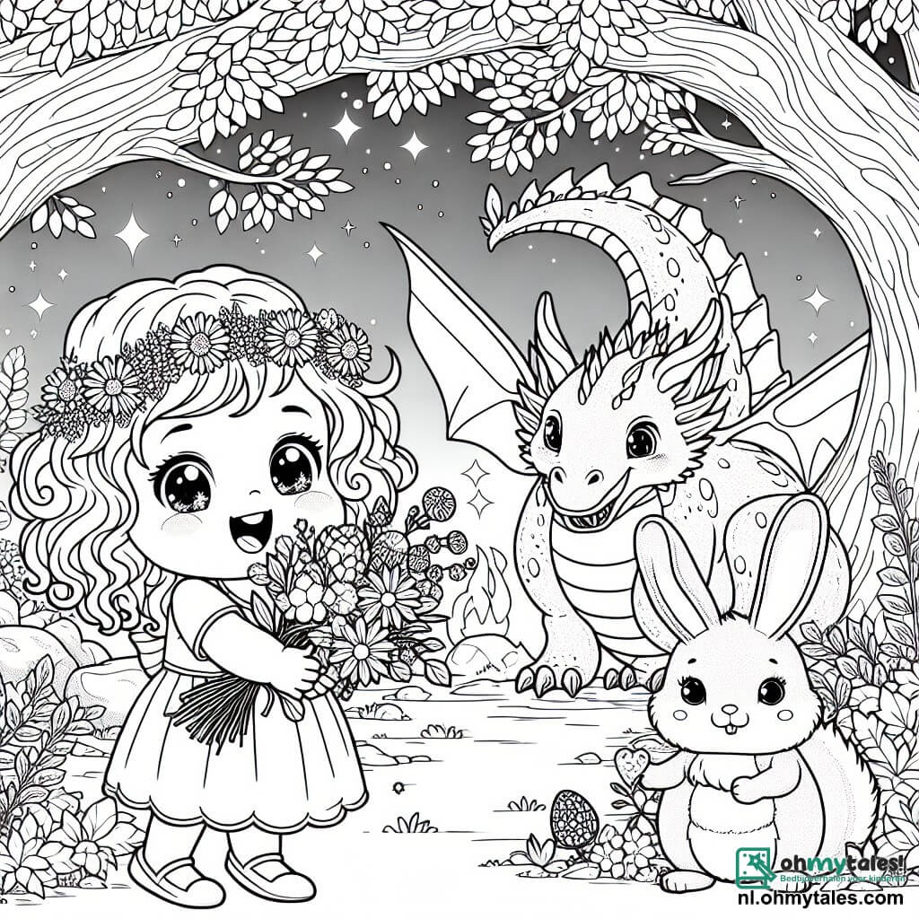 Une illustration sous forme de dessin destinée aux enfants représentant une forêt enchantée avec une grande arbre aux feuilles scintillantes, au centre une petite fille de 3 ans aux cheveux bouclés et aux yeux pétillants, souriante et tenant un bouquet de fleurs colorées, accompagnée d'un petit lapin aux grandes oreilles et au pelage doux, qui regarde avec curiosité la scène, alors qu'ils se tiennent devant la grotte d'un dragon aux écailles brillantes, illustrant le moment où la fille et le lapin se préparent à défier le dragon dans un concours d'histoires pour récupérer les fleurs volées.