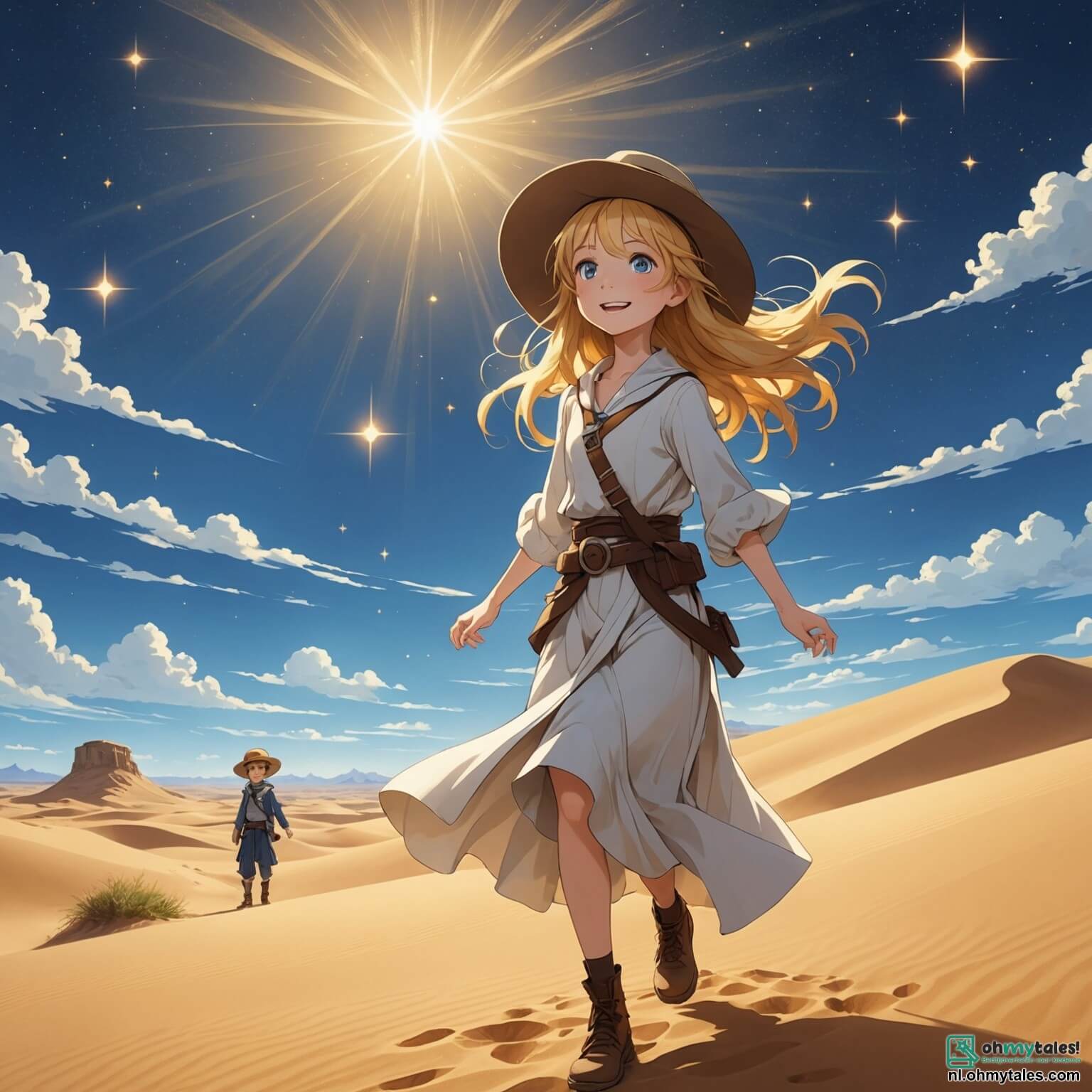 Une illustration destinée aux enfants représentant une jeune femme intrépide aux cheveux dorés flottant au vent comme des rayons de soleil, vêtue d'une tunique légère et d'un chapeau d'explorateur, se tenant au sommet d'une dune dorée dans une vaste et mystérieuse désert où le sable scintille comme des étoiles sous un ciel azur, tandis qu'à ses côtés, un garçon au sourire malicieux et aux yeux pétillants d'aventure, vêtu d'une tunique colorée, l'encourage à poursuivre sa quête pour découvrir la légendaire Smaragd de la Woestijn, un trésor caché dans une ancienne temple ornée de hiéroglyphes, entourée de palmiers majestueux et de cactus aux formes étranges, où le vent murmure des secrets oubliés et où chaque grain de sable semble raconter une histoire d'antan.