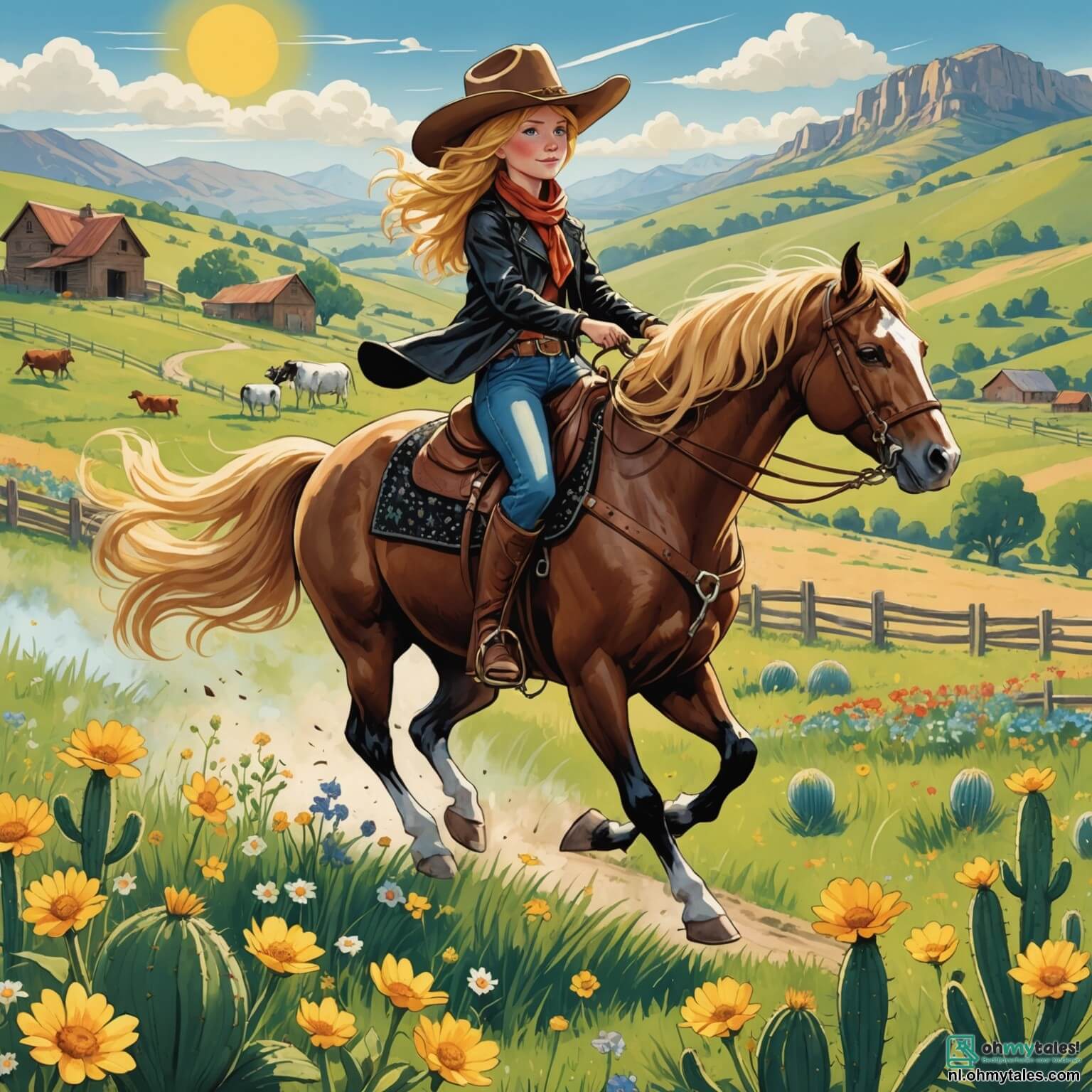 Une illustration destinée aux enfants représentant une courageuse cowgirl aux cheveux dorés flottant au vent, vêtue d'un chapeau oversized et d'une veste en cuir, chevauchant son fidèle destrier noir aux yeux pétillants, dans une prairie vaste et ensoleillée où des fleurs sauvages dansent sous la brise légère, tandis qu'elle s'apprête à sauver des vaches capturées par des bandits malicieux, entourée de collines ondulantes et de cactus majestueux, avec en arrière-plan une petite ferme où une femme au visage inquiet attend avec espoir, tous deux incarnant la force et la détermination face à l'adversité.