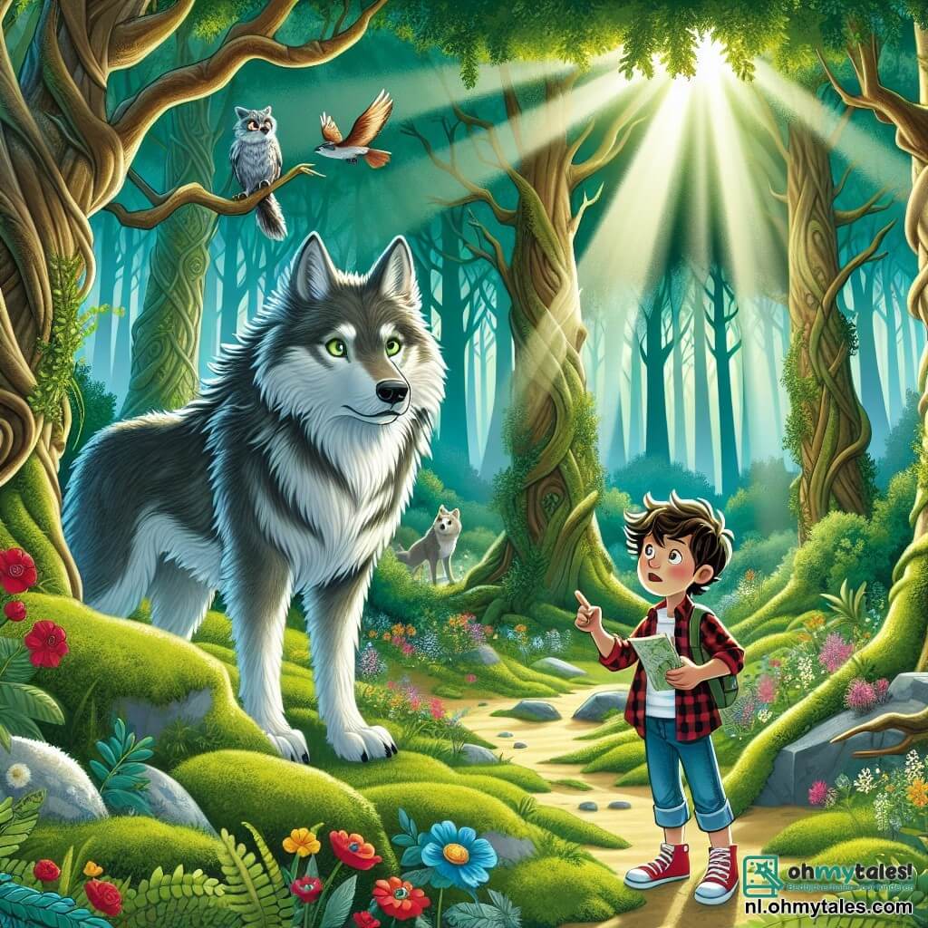 Illustratie van een betoverende open plek in het hart van een dicht bos, waar grote bomen met knoestige stammen naar de lucht reiken, hun bladeren een groene dak vormen. Zonne-stralen breken door de takken en verlichten de grond bedekt met kleurrijke bloemen en zachte mossen. In het midden van de scène staat een 11-jarig jongen met rommelig kastanjebruin haar en glanzende ogen van nieuwsgierigheid, met een vastberaden blik. Hij draagt een rood geruite shirt en een spijkerbroek, en houdt een kleine kaart in zijn hand terwijl hij om zich heen kijkt met verwondering. Naast hem staat een grote wolf met zilvergrijs vacht, met doordringende ogen en een wijze uitstraling, die trots staat. De wolf lijkt zowel majestueus als vriendelijk, alsof hij klaar is om zijn geheimen met de jonge jongen te delen. De hoofdscène toont de jongen en de wolf die met elkaar praten, de jongen wijst naar een mysterieuze pad dat dieper het bos in leidt, terwijl de wolf aandachtig luistert. Op de achtergrond vliegen kleurrijke vogels in de blauwe lucht en dansen vlinders rond de bloemen, wat een vleugje magie toevoegt aan deze onverwachte ontmoeting.