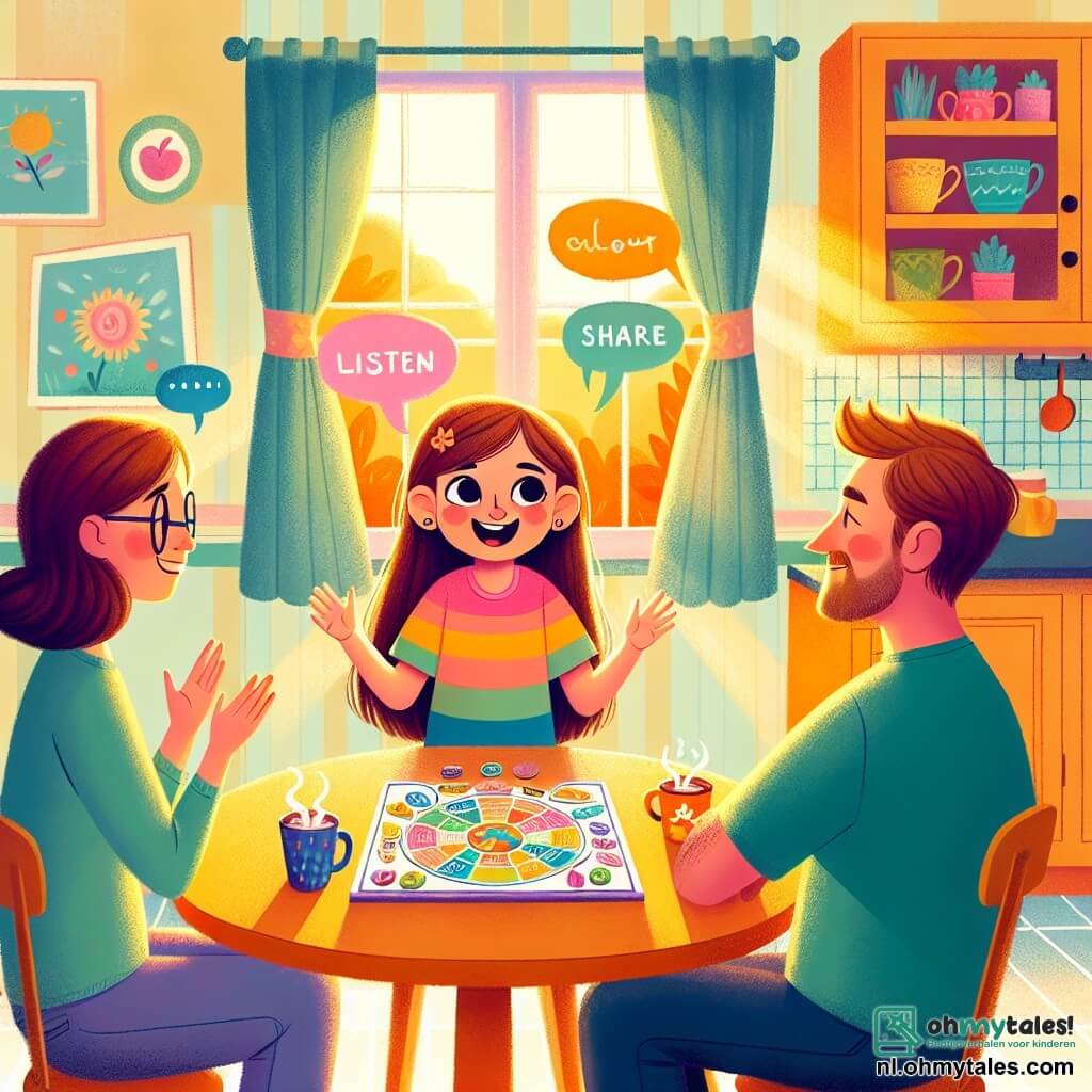 Illustratie van een warme scène in een gezinskeuken, verlicht door het zachte zonlicht dat door de kleurrijke gordijnen valt. De muren zijn geschilderd in pastelgeel, en een grote houten tafel is bedekt met bordspellen en kopjes warme chocolademelk. In het midden van de afbeelding zit een 11-jarig meisje met lange bruine haren en sprankelende ogen aan de tafel. Ze draagt een gestreept t-shirt en een spijkerbroek. Haar gezicht straalt blije vastberadenheid uit terwijl ze enthousiast praat, met haar handen die haar woorden illustreren. Naast haar luisteren twee volwassenen, een man van ongeveer 40 jaar met kastanjebruin haar en een lichte baard, en een vrouw van ongeveer 38 jaar met blond haar in een knot en een bril, aandachtig. Hun gezichten tonen een uitdrukking van interesse en begrip, terwijl ze elkaar met een samenzweerderige glimlach aankijken. De hoofdscène toont het meisje dat met passie uitlegt hoe de communicatie binnen het gezin verbeterd kan worden, omringd door spellen en kopjes, wat een moment van delen en luisteren symboliseert. Extra grafische elementen zijn kleurrijke spraakballonnen rond de personages, met woorden als "luisteren", "delen" en "liefde", om het thema van communicatie en gezinsharmonie te benadrukken.
