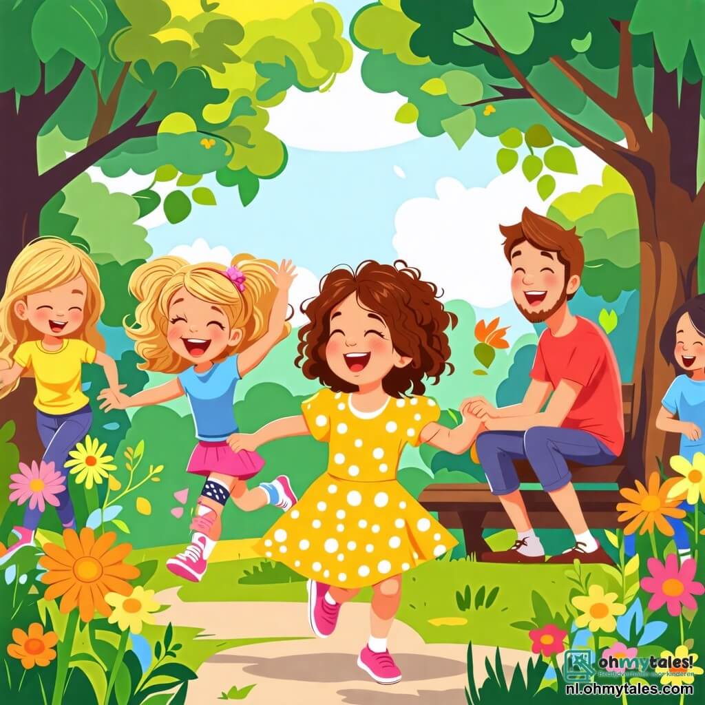 Illustratie van een zonnig park met weelderige bomen en kleurrijke bloemen die dansen in de wind. In het midden staat een zesjarig meisje met bruin, krullend haar, gekleed in een gele jurk met stippen en een grote glimlach op haar gezicht. Ze is omringd door verschillende kinderen, waaronder een blond meisje met een spalk om haar arm, die vrolijk lacht. De kinderen spelen samen, rennend en zich vermakend, terwijl een man van ongeveer dertig, met kastanjebruin haar en een lichte baard, hen met een vriendelijke blik observeert, zittend op een bank. In de buurt kijkt een vrouw van rond de dertig, met lang, stijl haar, glimlachend naar de kinderen, met een trotse uitdrukking op haar gezicht. De scène vangt een moment van geluk en kameraadschap, waar de kinderen samen plezier hebben, en illustreert het idee dat, zelfs na veranderingen in het leven, liefde en vriendschap blijven bestaan. Kleurrijke ballonnen zweven in de lucht, wat een vleugje vreugde aan de sfeer toevoegt.