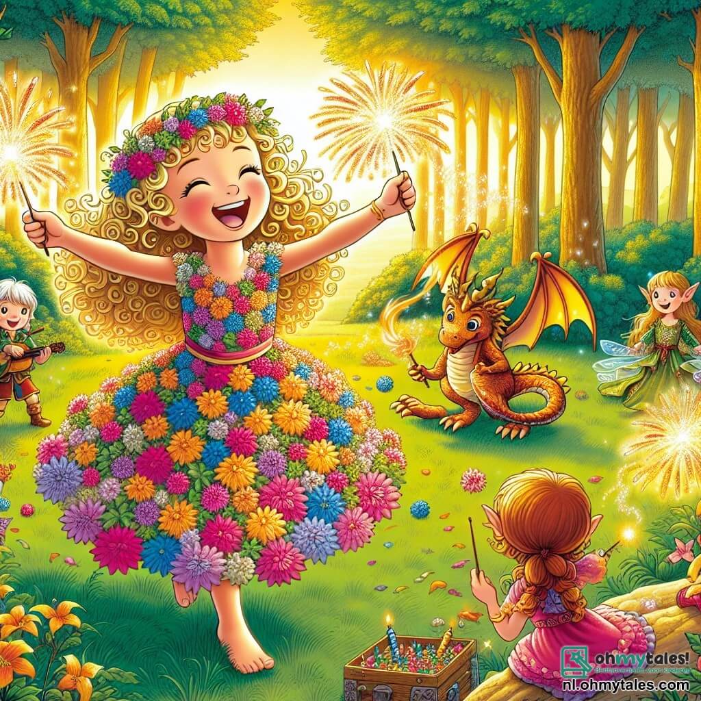 Une illustration sous forme de dessin destinée aux enfants représentant une clairière enchantée dans un vaste et lumineux bois, où une fille de 11 ans aux cheveux bouclés et dorés, portant une robe colorée faite de pétales de fleurs, danse joyeusement au milieu d'une fête d'anniversaire magique, entourée de petits elfes aux ailes scintillantes qui jouent de la musique et d'un grand dragon aux écailles brillantes qui s'apprête à offrir un spectacle de feu d'artifice, le tout baigné dans une lumière dorée du soleil couchant, créant une atmosphère de joie et de célébration.