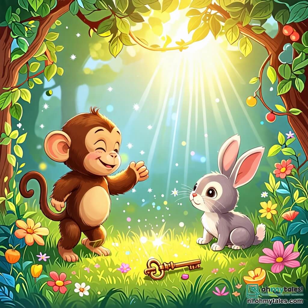 Une illustration sous forme de dessin destinée aux enfants représentant un magnifique jardin secret, rempli de fleurs colorées et de fruits juteux, où un singe aux yeux pétillants et à la fourrure brune danse joyeusement sous les rayons du soleil, tandis qu'un petit lapin aux oreilles blanches et douces l'observe avec émerveillement, tous deux découvrant une clé dorée scintillante posée sur l'herbe, symbole de leur amitié et des aventures à venir.