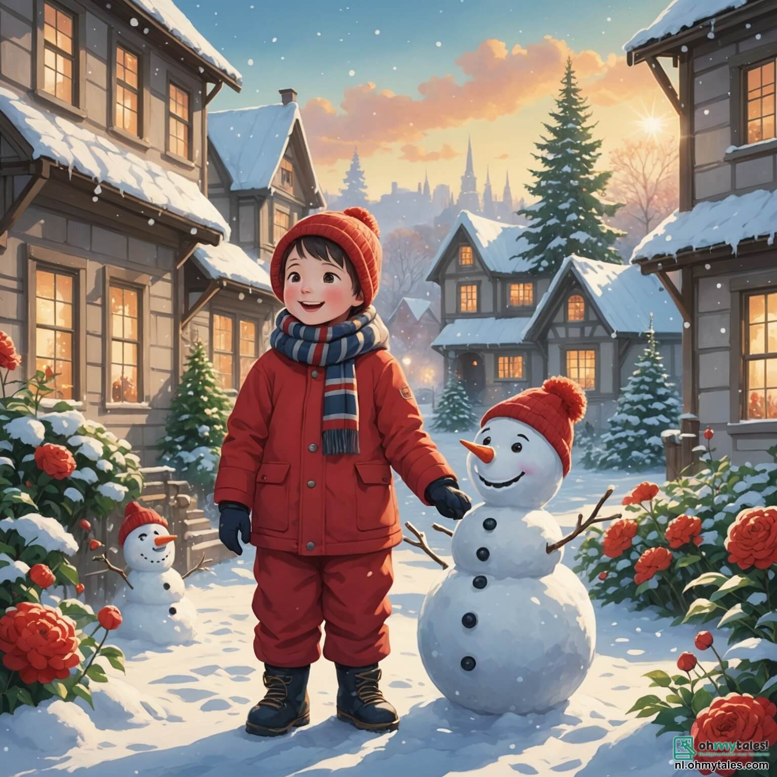 Une illustration destinée aux enfants représentant un petit garçon aux joues rosies par le froid, vêtu d'une épaisse combinaison rouge et d'une écharpe rayée, s'amusant à construire un majestueux bonhomme de neige dans un jardin enchanteur, où les flocons scintillants tombent doucement du ciel gris perle, tandis qu'une douce lumière dorée émane de la maison en arrière-plan, où sa maman, une femme chaleureuse aux cheveux châtains, l'observe avec un sourire bienveillant, entourée de sapins majestueux chargés de neige, créant une atmosphère féerique et hivernale.