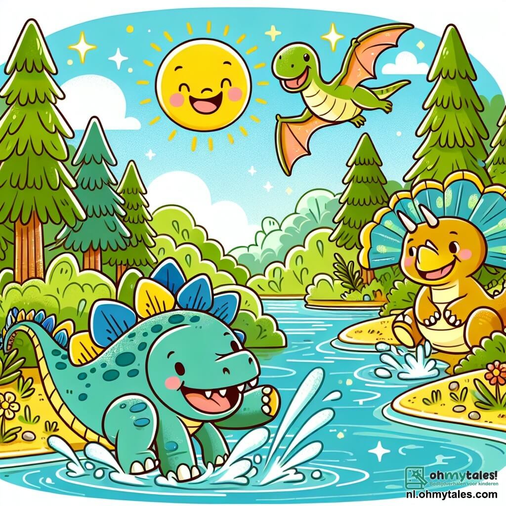 Une illustration sous forme de dessin destinée aux enfants représentant une scène ensoleillée près d'une rivière scintillante entourée de grands arbres verdoyants, où un joyeux stégosaure avec une grande carapace de plaques osseuses et une large queue se tient dans l'eau en éclaboussant, tandis qu'une triceratops curieuse avec trois cornes sur son front et un pterodactyle aux ailes colorées volent au-dessus d'eux, tous trois riant et jouant ensemble, illustrant leur amitié et leur esprit d'aventure dans un monde préhistorique rempli de magie et de découvertes.