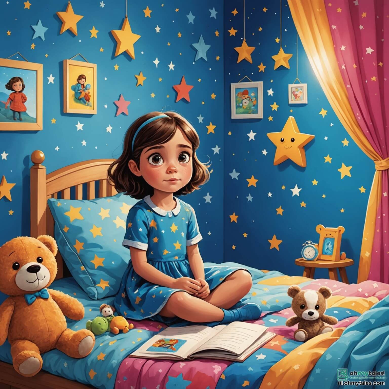 Une illustration destinée aux enfants représentant une petite fille aux grands yeux brillants, remplis de curiosité et de peur, assise sur le bord de son lit aux draps colorés, entourée de peluches réconfortantes, dans une chambre chaleureuse aux murs peints en bleu ciel, décorée de dessins d'étoiles scintillantes et de nuages moelleux, où la lumière du jour commence à s'éteindre, tandis qu'une douce voix de sa mère, une femme au sourire apaisant, résonne dans l'air, lui promettant que les étoiles qu'elles ont dessinées ensemble veilleront sur elle, alors qu'elle se prépare à affronter la peur du noir qui l'envahit à chaque crépuscule.