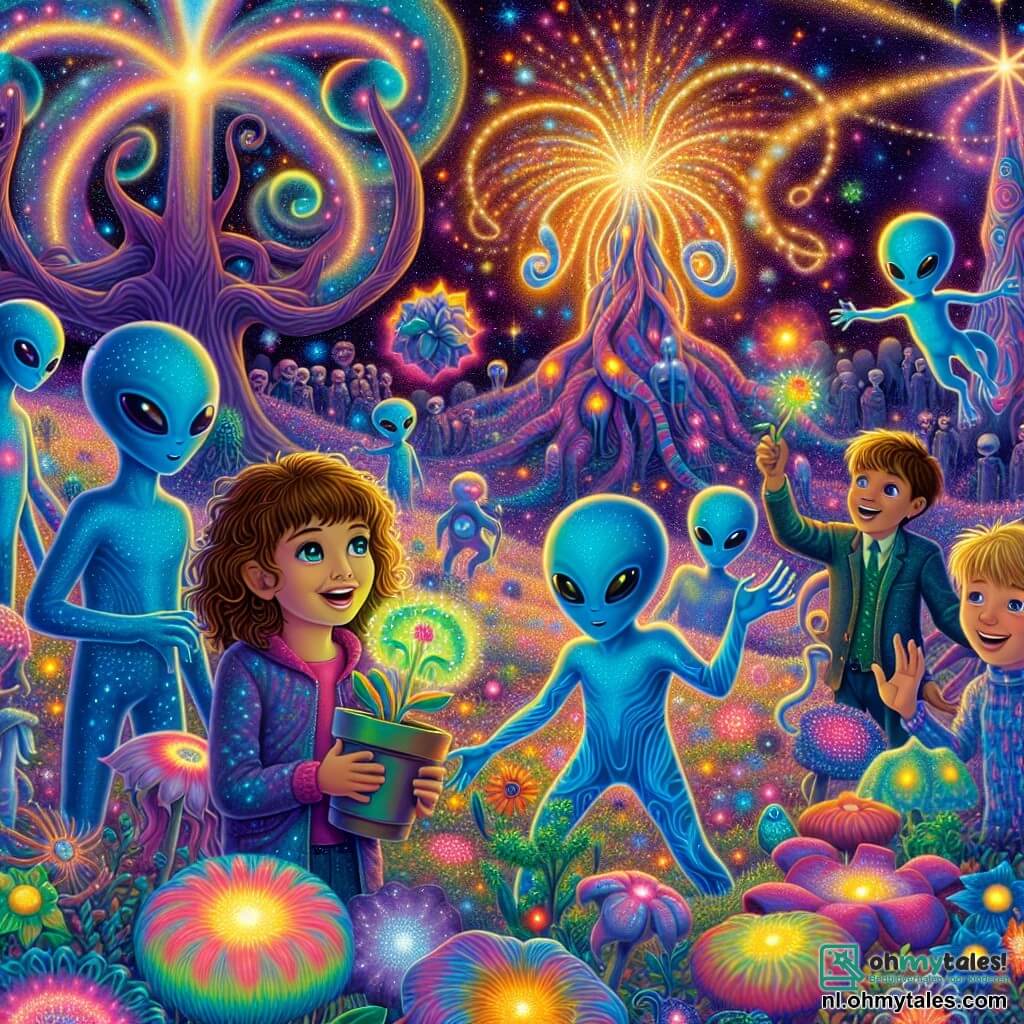 Illustratie van een buitenaards tuin vol kleuren op de planeet Zorath. De grond is bedekt met luminescente bloemen in tinten blauw, paars en groen, terwijl spiraalvormige bomen omhoog reiken naar een lucht vol gouden en roze nuancen. Op de voorgrond staat een 12-jarig meisje met krullend bruin haar en sprankelende ogen, dat glimlacht terwijl ze een kleurrijke plant vasthoudt die ze net heeft geplant. Naast haar kijkt een ander 12-jarig meisje met blond haar en een pony verwonderd naar een groep buitenaardse wezens. Deze wezens hebben vloeiende vormen, iriserende huiden die van kleur veranderen, grote expressieve ogen en tentakels die in de lucht dansen. De scène vangt het moment waarop menselijke kinderen en buitenaardse wezens vrolijk samenwerken om een gemeenschappelijke tuin te creëren, wat culturele uitwisseling en vriendschap symboliseert. Op de achtergrond verzamelen Zorathianen met glimlachende gezichten zich rond een grote, stralende energiebron, wat een vleugje magie aan de sfeer toevoegt. Lichtflitsen komen van de bron, verlichten de tuin en weerspiegelen de harmonie tussen de twee werelden.