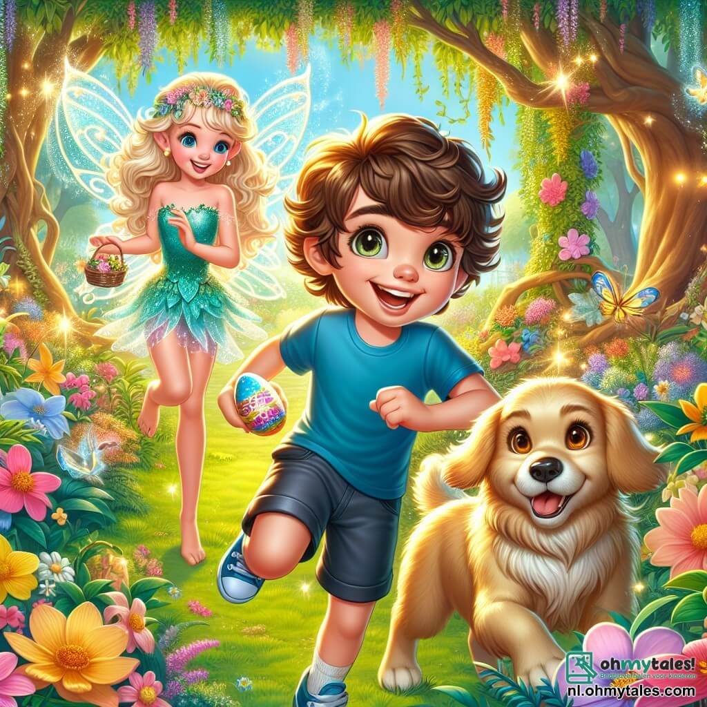 Une illustration sous forme de dessin destinée aux enfants représentant une magnifique jardin enchanté rempli de fleurs colorées et d'arbres majestueux, où un garçon de 9 ans aux cheveux bruns bouclés et aux yeux pétillants, vêtu d'un t-shirt bleu et d'un short, danse joyeusement en cherchant des œufs de Pâques, tandis qu'une petite fée aux ailes scintillantes et aux cheveux dorés l'encourage avec un sourire malicieux, et un golden retriever aux yeux brillants les observe avec enthousiasme, le tout baigné dans une lumière douce et magique qui évoque l'esprit de Pâques.