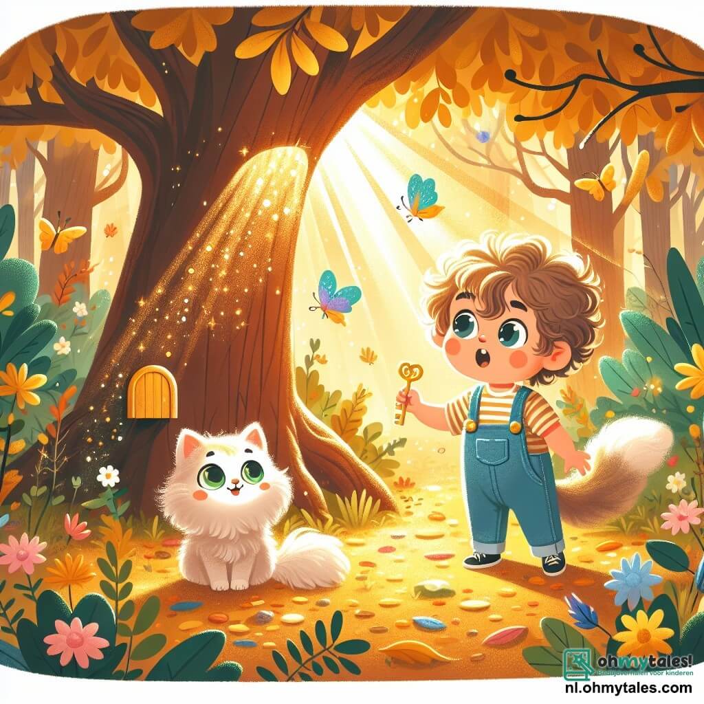 Illustratie van een magische scène in een betoverd bos. De grond is bedekt met gouden bladeren en kleurrijke bloemen, terwijl zonnestralen door de takken van de bomen filteren en een spel van schaduwen in de frisse lucht creëren. In het midden staat een jongetje van ongeveer een jaar, met krullend haar en nieuwsgierige ogen, terwijl hij een gouden sleutel in zijn kleine handen vasthoudt. Hij draagt een blauwe overall en een gestreept T-shirt, en zijn gezicht straalt verwondering en opwinding uit. Naast hem zit een schattige kitten met zijdezachte vacht en glanzende groene ogen, die vrolijk en oplettend haar vriend observeert met een aanmoedigende uitdrukking. Ze zit op haar achterpoten, klaar om van opwinding te springen. De hoofdscène toont het jongetje dat een klein deurtje ontdekt dat in een boom verborgen is, met een avontuurlijke blik op zijn gezicht. Kleurrijke vlinders fladderen om hen heen en voegen een vleugje magie toe aan de sfeer. Op de achtergrond completeren majestueuze bomen en bloeiende struiken dit betoverende tafereel.