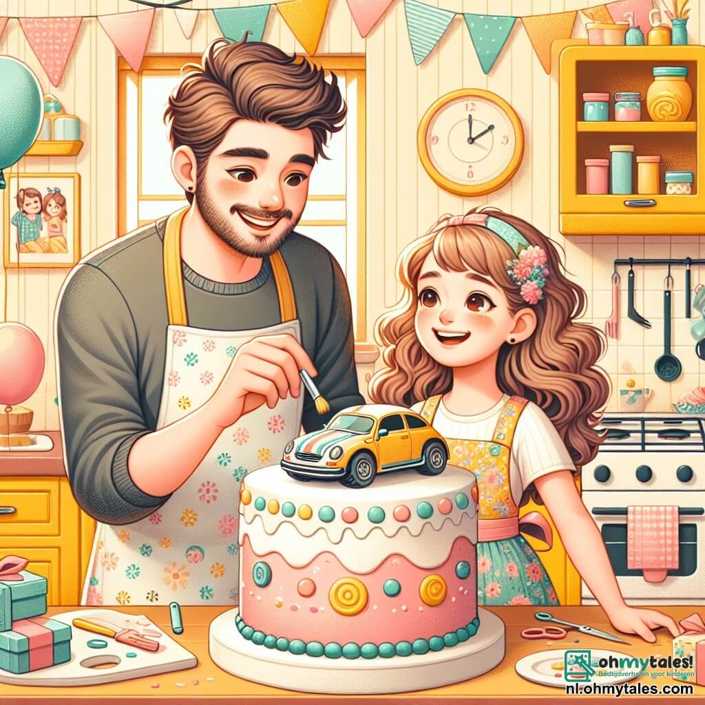 Une illustration sous forme de dessin destinée aux enfants représentant une cuisine chaleureuse et colorée, avec des murs peints en jaune pastel et des décorations de fête, où une fille de 10 ans aux cheveux bruns et bouclés, portant un tablier à fleurs, est en train de décorer une grande gâteau en forme de voiture avec du glaçage coloré, tandis qu'un homme souriant, son père, aux cheveux châtains et portant des lunettes, observe avec fierté et amusement, entourés de ballons et de guirlandes festives, illustrant la préparation joyeuse d'une surprise pour la fête des pères.