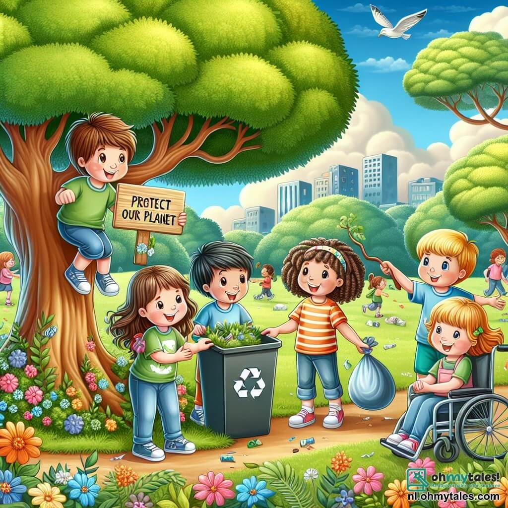 Illustratie van een groen park, met majestueuze bomen met stralend groene bladeren, kleurrijke bloemen die dansen in de lichte bries en een blauwe lucht met enkele witte wolken. Op de voorgrond zijn vier kinderen, twee jongens en twee meisjes, druk in de weer: een jongen met bruin, krullend haar van ongeveer 10 jaar glimlacht terwijl hij afval in een grote vuilnisbak verzamelt, terwijl een meisje met gevlochten blond haar, ook 10 jaar oud, een zelfgemaakt bord vasthoudt met de tekst "Laten we onze planeet beschermen". Een andere jongen van ongeveer 11 jaar wijst met een stok naar een groep vrienden, die hij aanmoedigt om mee te doen, en een meisje met kastanjebruin haar, zittend in een rolstoel, glimlacht vrolijk terwijl ze een zak met afval vasthoudt. Op de achtergrond sluiten kinderen van andere groepen zich bij hen aan, allemaal gekleed in kleurrijke T-shirts, wat de geest van kameraadschap en betrokkenheid bij milieubescherming illustreert. Vogels vliegen door de lucht en voegen een levendige toets toe aan deze dynamische en inspirerende scène.