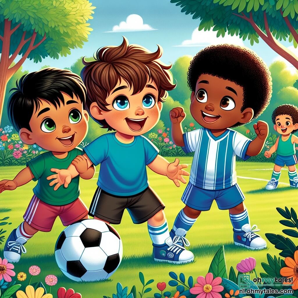 Une illustration sous forme de dessin destinée aux enfants représentant un parc ensoleillé avec des arbres verdoyants et des fleurs colorées, où un garçon de 5 ans aux cheveux bruns et aux yeux pétillants, vêtu d'un t-shirt bleu et d'un short, dribble un ballon de football avec enthousiasme, tandis qu'à ses côtés, un autre garçon de 5 ans d'origine asiatique, avec des cheveux noirs et un sourire éclatant, l'encourage, et un troisième garçon de 5 ans, d'origine africaine, avec des cheveux crépus et une tenue sportive, applaudit joyeusement, illustrant un moment de camaraderie et de tolérance entre amis de cultures différentes qui s'amusent ensemble.