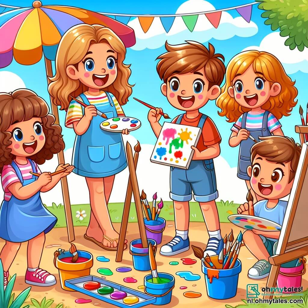 Une illustration sous forme de dessin destinée aux enfants représentant un été ensoleillé dans un centre d'activités en plein air, où un groupe de cinq enfants de 9 ans, deux filles aux cheveux bouclés et blonds, une fille aux cheveux bruns et lisses, et deux garçons aux cheveux châtains, sont en train de peindre joyeusement des tableaux colorés sur des chevalets, entourés de pots de peinture éclatants et de pinceaux, tandis qu'un animateur souriant, vêtu d'un t-shirt coloré et d'un short, les encourage à exprimer leur créativité, le tout sous un ciel bleu parsemé de quelques nuages blancs.