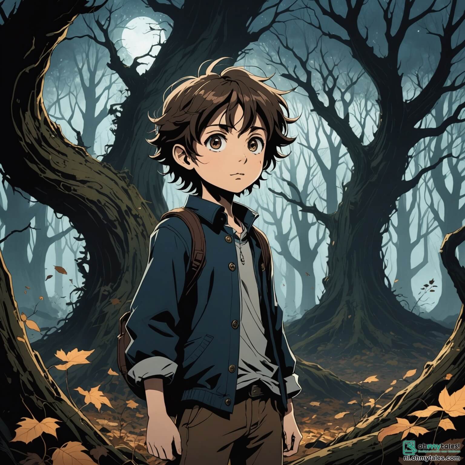 Une illustration destinée aux enfants représentant une fille aux cheveux ébouriffés, aux yeux pétillants de curiosité, se tenant au bord d'une sombre forêt où les arbres tordus, aux troncs noueux et aux branches dénudées, semblent murmurer des secrets anciens, tandis qu'un vent glacial fait frémir les feuilles mortes, et où, dans l'ombre, se dessine la silhouette d'un garçon mystérieux aux traits indéchiffrables, qui observe la jeune aventurière avec un mélange d'inquiétude et d'excitation, alors qu'elle s'apprête à pénétrer dans un monde de contes effrayants, peuplé de créatures étranges et de légendes oubliées, où chaque pas pourrait la mener à une découverte terrifiante ou à un trésor caché.