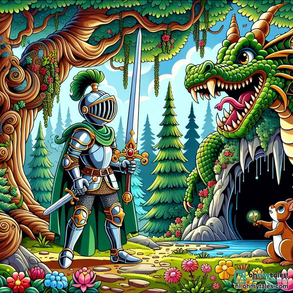 Une illustration sous forme de dessin destinée aux enfants représentant une vaste forêt enchantée avec des arbres majestueux et des fleurs colorées, au centre un chevalier courageux en armure scintillante, portant un casque orné et brandissant un épée, qui se tient devant une grande grotte sombre où une dragonne aux écailles vertes et brillantes, aux yeux perçants, veille sur un trésor scintillant, tandis qu'une petite écureuil curieux, avec une queue touffue, observe la scène depuis une branche, illustrant le moment où le chevalier se prépare à résoudre l'énigme de la dragonne pour sauver son royaume.