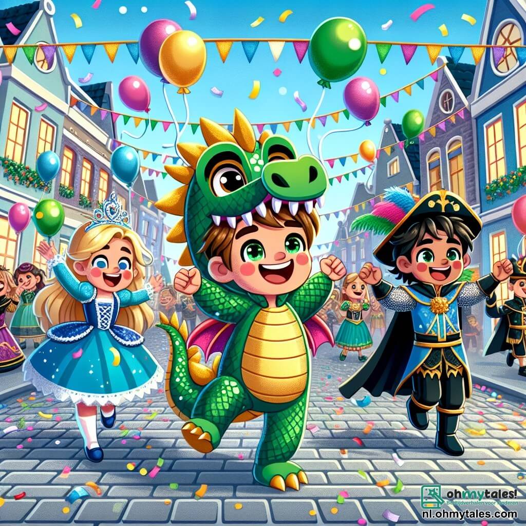 Une illustration sous forme de dessin destinée aux enfants représentant une rue animée de Zonnedorp décorée de ballons colorés et de guirlandes festives, où un garçon de 9 ans aux cheveux bruns et aux yeux pétillants, vêtu d'un costume de dragon vert scintillant, danse joyeusement avec ses amis, une fille aux cheveux blonds en princesse et un garçon aux cheveux noirs en chevalier, alors qu'ils participent à la grande parade du carnaval, entourés de rires et de musique, avec des confettis flottant dans l'air.