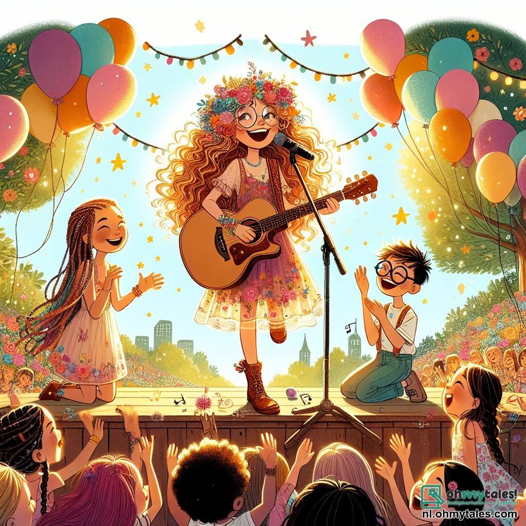 Une illustration sous forme de dessin destinée aux enfants représentant un parc ensoleillé, rempli de fleurs colorées et de ballons flottants, où une jeune fille aux cheveux bouclés et brillants, vêtue d'une robe légère et tenant une guitare, chante joyeusement sur une petite scène en bois, entourée de ses deux amis : une fille aux cheveux tressés qui l'encourage avec un grand sourire et un garçon aux lunettes rondes qui joue de la guitare à ses côtés, tandis qu'un groupe d'enfants dans le public danse et applaudit, créant une atmosphère festive et pleine de vie, symbolisant la magie de la musique et de l'amitié.