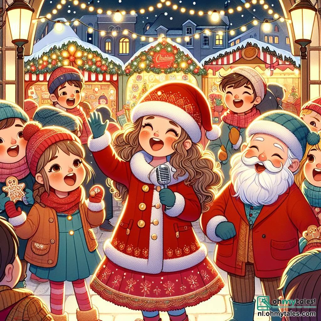 Une illustration sous forme de dessin destinée aux enfants représentant une charmante scène de marché de Noël, avec des lumières scintillantes et des étals colorés, où une fille de 11 ans aux cheveux bouclés et châtain clair, vêtue d'un manteau rouge, chante joyeusement entourée de ses amis, un garçon aux cheveux bruns et une fille aux cheveux blonds, tous deux riant et tenant des biscuits de Noël, tandis qu'un vieux monsieur à la barbe blanche et au costume rouge, le sourire bienveillant, les observe avec fierté, capturant l'esprit de partage et de joie de la saison festive.