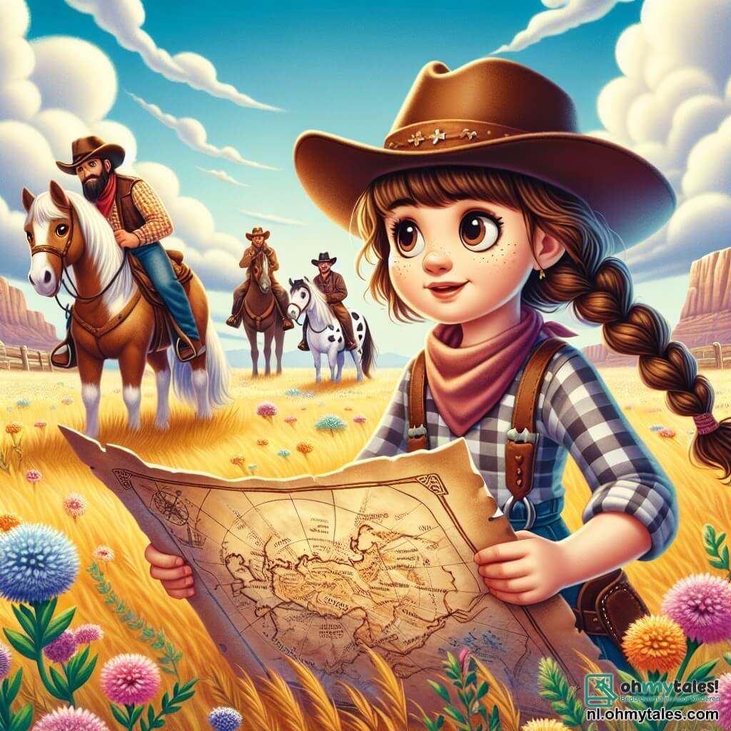 Illustratie van een uitgestrekte gouden prairie onder een stralende blauwe lucht, bezaaid met kleurrijke wilde bloemen en zachte heuvels aan de horizon. In het midden van de afbeelding staat een jonge cowgirl van ongeveer 12 jaar, met lange gevlochten bruin haar, een cowboyhoed en een geruite blouse, die een oude schatkaart vasthoudt, haar gezicht verlicht door opwinding. Naast haar kijkt een ondeugend pony met een witte manen en bruine vlekken aandachtig naar de kaart. Op de achtergrond staan een groep volwassen cowboys van rond de dertig, met cowboyhoeden en leren jassen, op een afstand, met een nieuwsgierige en een beetje spottende blik, terwijl ze de scène observeren. De cowgirl, vol vastberadenheid, staat op het punt om op avontuur te gaan, terwijl de cowboys aarzelend lijken, wat een voelbare spanning creëert. Lichte wolken drijven in de lucht, wat een vleugje zachtheid toevoegt aan deze scène van avontuur en ontdekking.