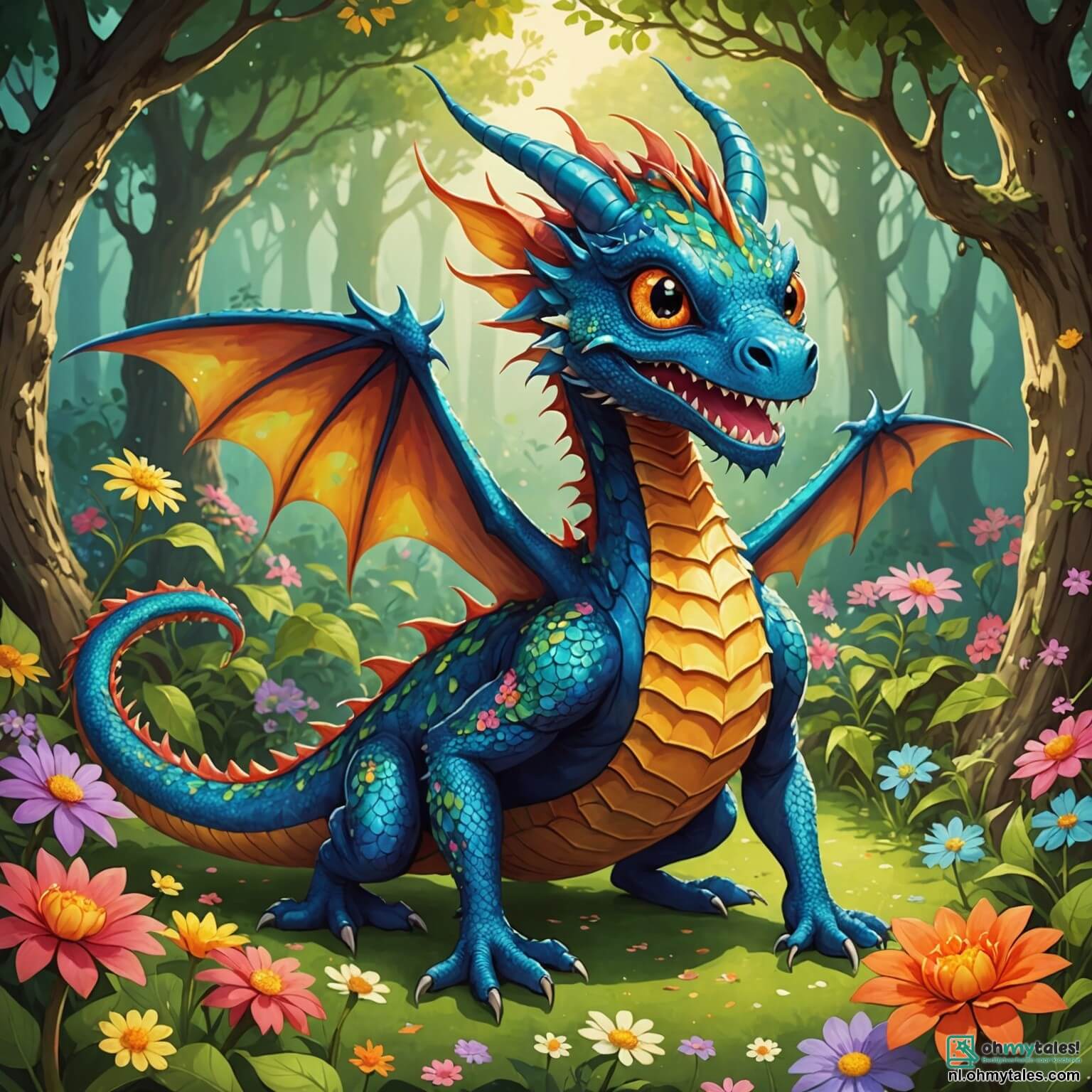 Une illustration destinée aux enfants représentant un petit dragon aux écailles scintillantes de couleurs vives, avec des yeux ronds et pétillants de malice, qui, dans un monde féerique rempli de fleurs dansantes et de grands arbres aux troncs noueux, se retrouve en train de préparer une grande compétition de roulades avec ses amis, une joyeuse araignée aux pattes multicolores, un oiseau chanteur à la voix douce et mélodieuse, tous deux des créatures rigolotes et amicales, tandis que des nuages cotonneux flottent au-dessus d'un ciel bleu éclatant, et que des rires résonnent dans l'air frais de Dromerige Dalen, une vallée enchantée où tout semble possible.