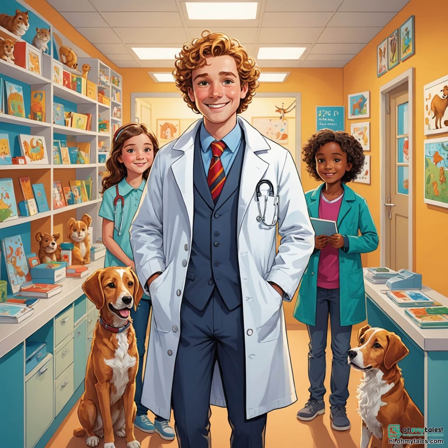 Une illustration destinée aux enfants représentant un homme au sourire chaleureux et aux yeux pétillants, vêtu d'une blouse blanche éclatante, se tenant dans sa clinique colorée aux murs ornés de dessins joyeux d'animaux et d'enfants, où il accueille avec bienveillance une petite fille aux boucles dorées, pleine de curiosité, et son ami, un garçon intrépide aux cheveux bruns, tous deux impatients d'apprendre comment ce médecin attentionné aide les gens à se sentir mieux tout en découvrant les merveilles de la santé et de l'amitié dans cet espace lumineux rempli de livres colorés et de jouets.