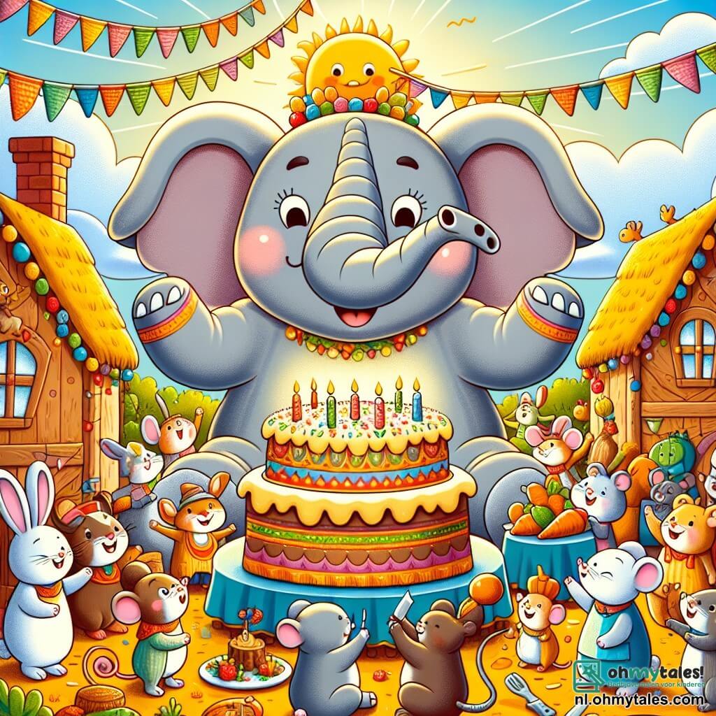 Une illustration sous forme de dessin destinée aux enfants représentant un village coloré et ensoleillé dans un monde animal, avec un grand éléphant gris aux oreilles douces et à la large sourire, en train de décorer une table festive avec des guirlandes colorées, tandis qu'un petit lapin aux grandes oreilles et une souris curieuse s'affairent à préparer une énorme gâteau aux carottes et bananes, le tout entouré d'animaux joyeux qui chantent et dansent, créant une atmosphère de fête et de camaraderie.
