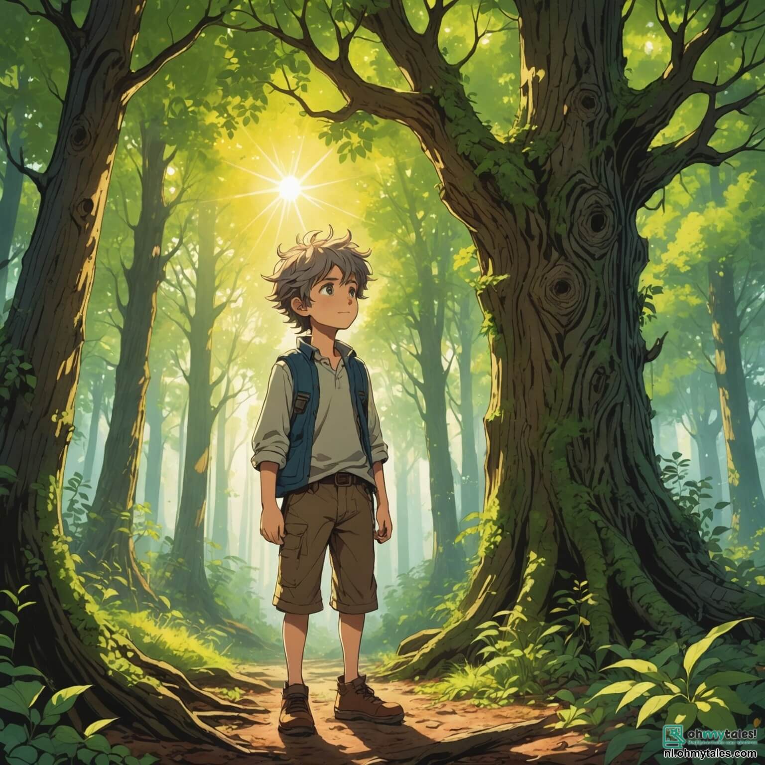 Une illustration destinée aux enfants représentant un garçon à la chevelure ébouriffée et aux yeux pétillants de curiosité, se tenant au bord d'une clairière ensoleillée au cœur d'une forêt dense où les arbres majestueux, aux troncs noueux et aux feuilles bruissantes, créent un toit de verdure filtrant les rayons dorés du soleil, tandis qu'il se trouve face à un vieux sage à la barbe argentée, assis sur une souche de bois, qui lui raconte des histoires fascinantes sur les mensonges et leurs conséquences, tout en étant entouré de ses amis, un autre garçon au sourire malicieux et une fille aux cheveux tressés, qui écoutent attentivement, captivés par les leçons de vie que la nature et le vieil homme ont à leur offrir.
