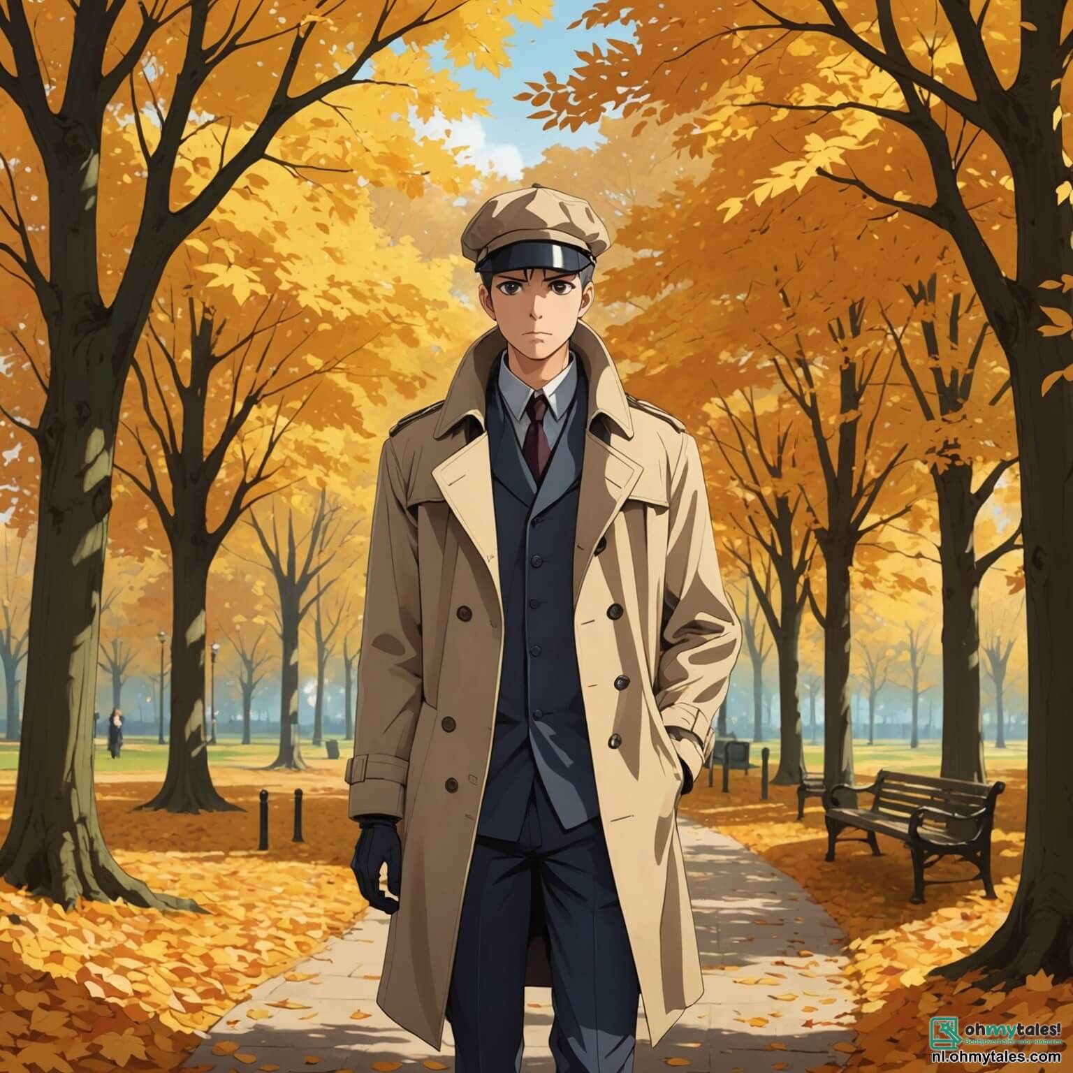 Une illustration destinée aux enfants représentant un homme au regard perçant et à la casquette vissée sur la tête, vêtu d'un trench-coat beige, se tenant au milieu d'un grand et mystérieux parc aux allées sinueuses, où les arbres aux feuilles dorées dansent doucement sous la brise automnale, tandis qu'il scrute attentivement le sol jonché de feuilles mortes à la recherche d'indices, entouré de sa fidèle amie, une jeune fille pétillante aux cheveux bouclés et à l'esprit vif, qui l'encourage avec enthousiasme à résoudre le mystère d'une étoile tombée du ciel, tout en évitant les curieux passants qui s'interrogent sur leur enquête intrigante.