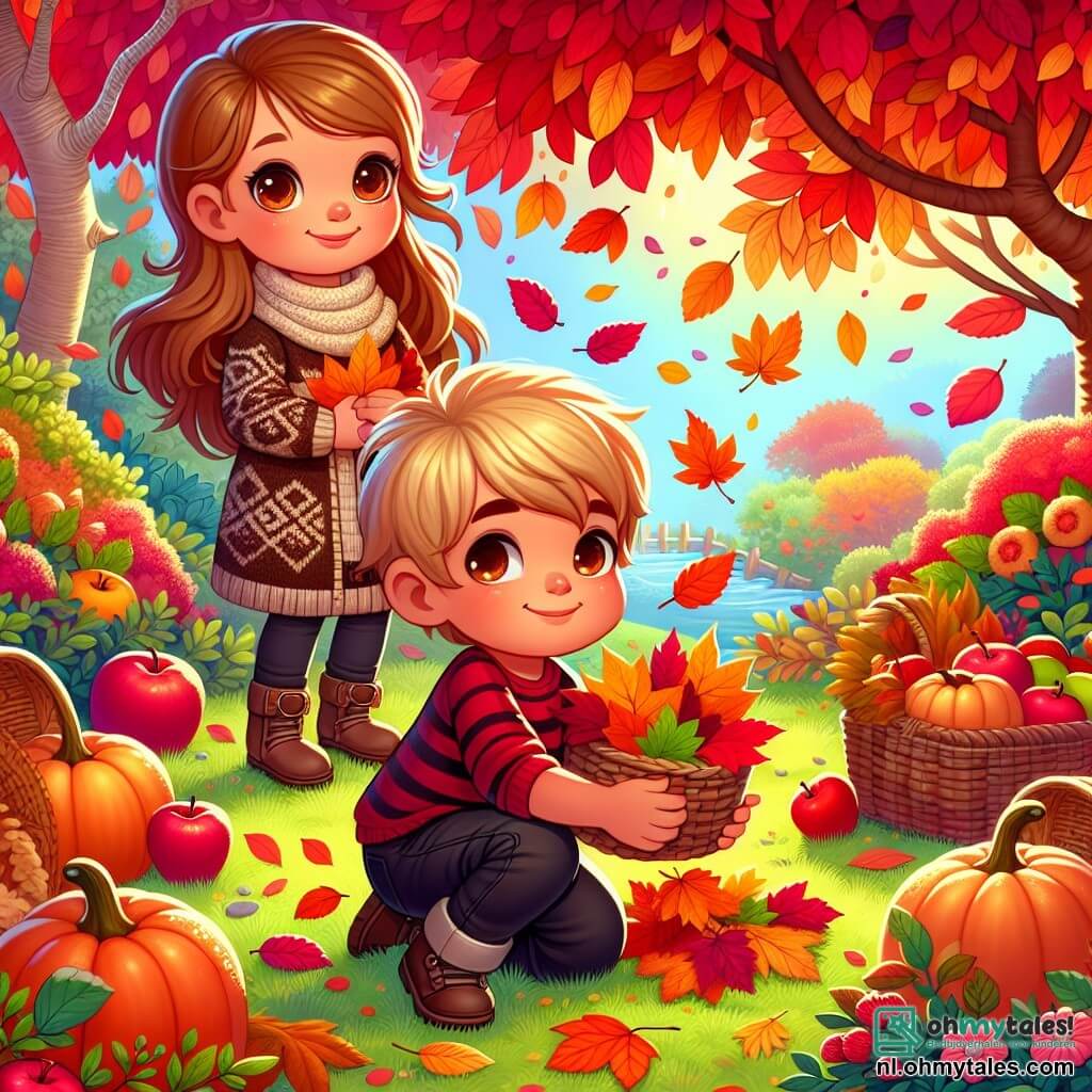 Une illustration sous forme de dessin destinée aux enfants représentant un jardin coloré en automne, avec des arbres aux feuilles rouges, oranges et jaunes, où un garçon de 3 ans, aux cheveux blonds et aux yeux pétillants, est accroupi en train de ramasser des feuilles pour créer un collage, tandis qu'une grande fille aux cheveux bruns, portant un pull chaud, l'observe avec un sourire et tient une pile de feuilles dans ses bras, tous deux entourés de citrouilles et de pommes, illustrant la magie et la joie de la saison automnale.