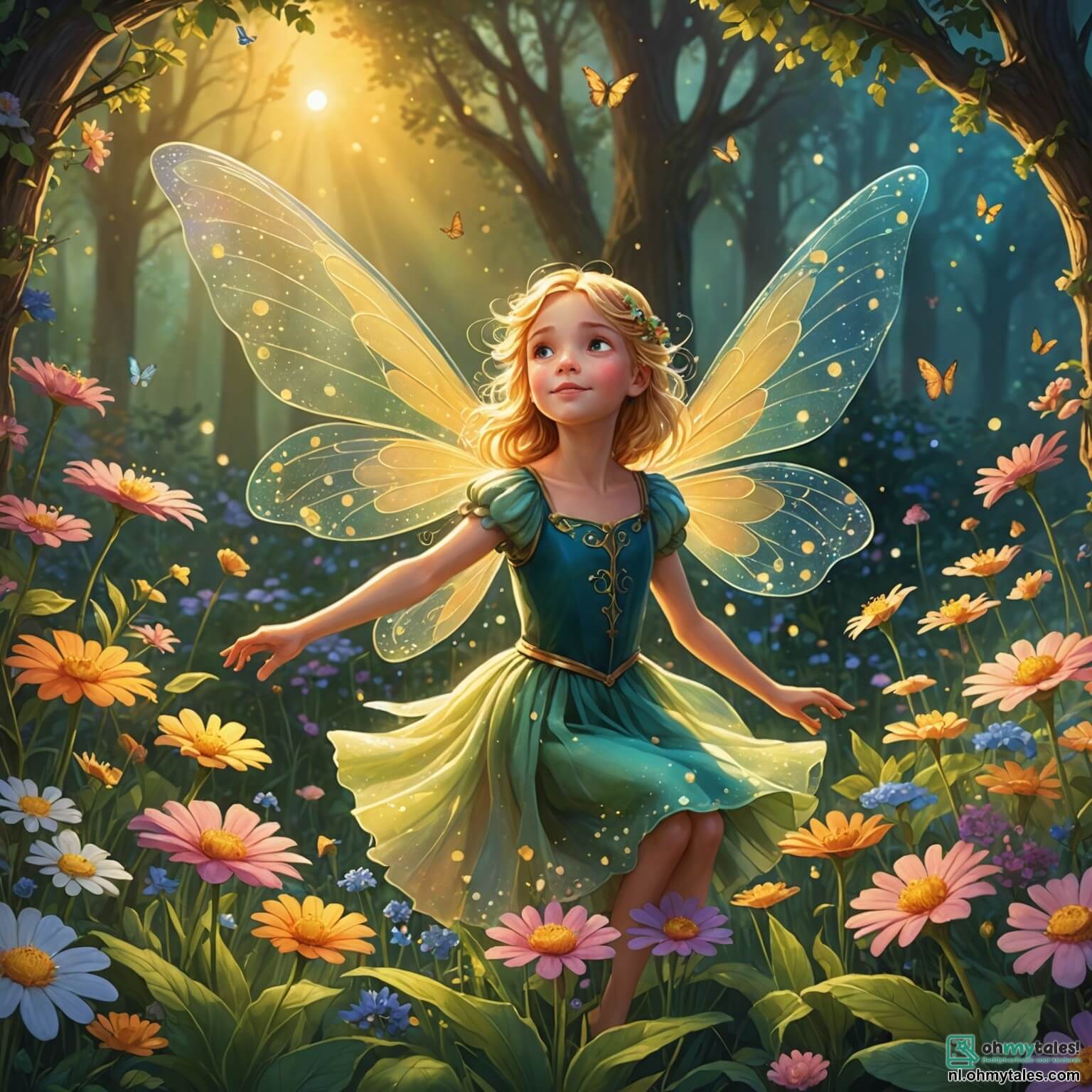 Une illustration destinée aux enfants représentant une délicate fée aux ailes scintillantes comme des gouttes de rosée au lever du soleil, flottant gracieusement au-dessus d'un jardin enchanté où des fleurs multicolores dansent au rythme d'une douce brise, tandis qu'elle cherche à aider un jeune garçon aux cheveux dorés, curieux et intrépide, qui rêve de découvrir les secrets magiques de ce lieu féerique, où des lucioles illuminent la nuit et des champignons géants forment des abris pour les créatures fantastiques qui peuplent cet univers merveilleux.