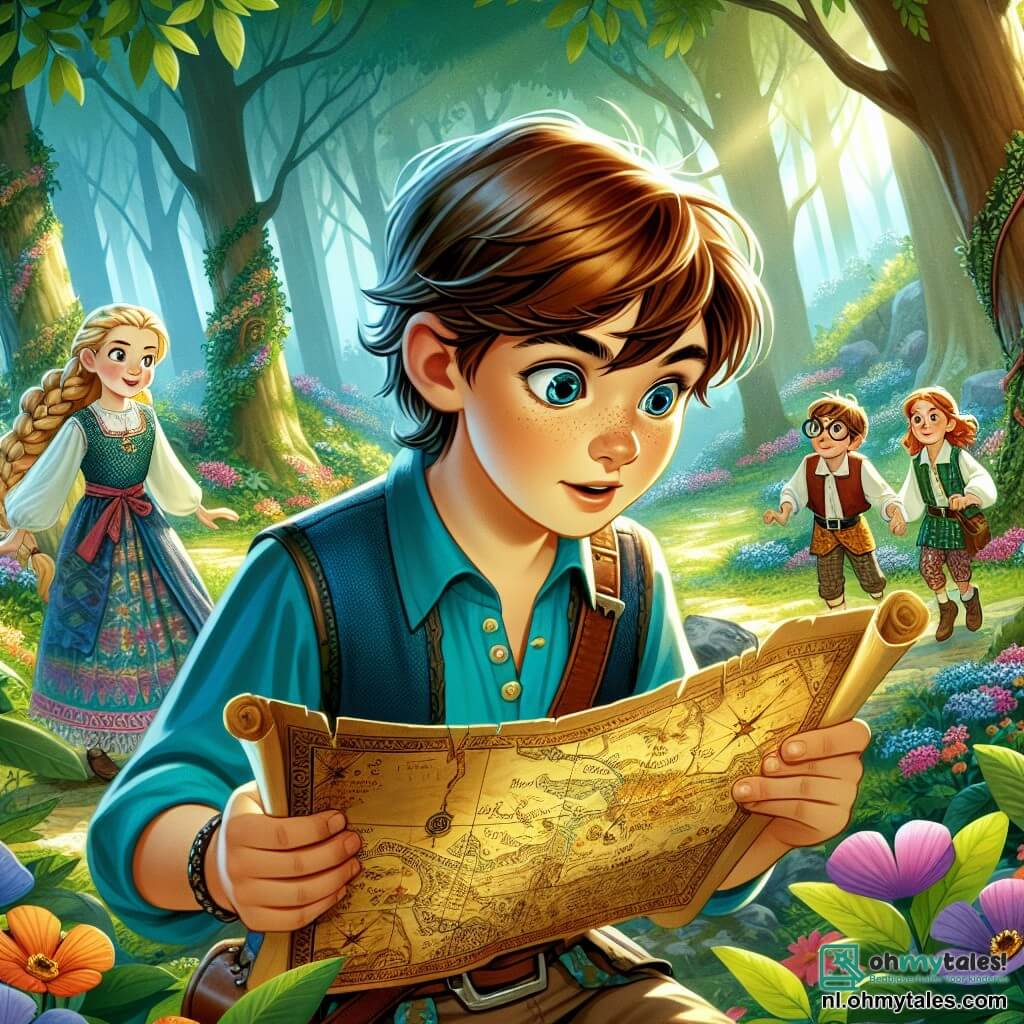 Une illustration sous forme de dessin destinée aux enfants représentant une clairière enchantée au cœur d'une forêt verdoyante, où un garçon de 11 ans aux cheveux châtains et aux yeux pétillants, vêtu d'un t-shirt bleu et d'un short, examine attentivement une vieille carte avec un air déterminé, tandis qu'à ses côtés, une fille aux cheveux blonds tressés et portant une robe colorée observe avec curiosité, et un garçon aux lunettes rondes et aux vêtements à motifs les aide à déchiffrer les indices d'une chasse au trésor mystérieuse, entourés de fleurs éclatantes et d'arbres majestueux, capturant l'esprit d'aventure et de camaraderie de leur enquête.