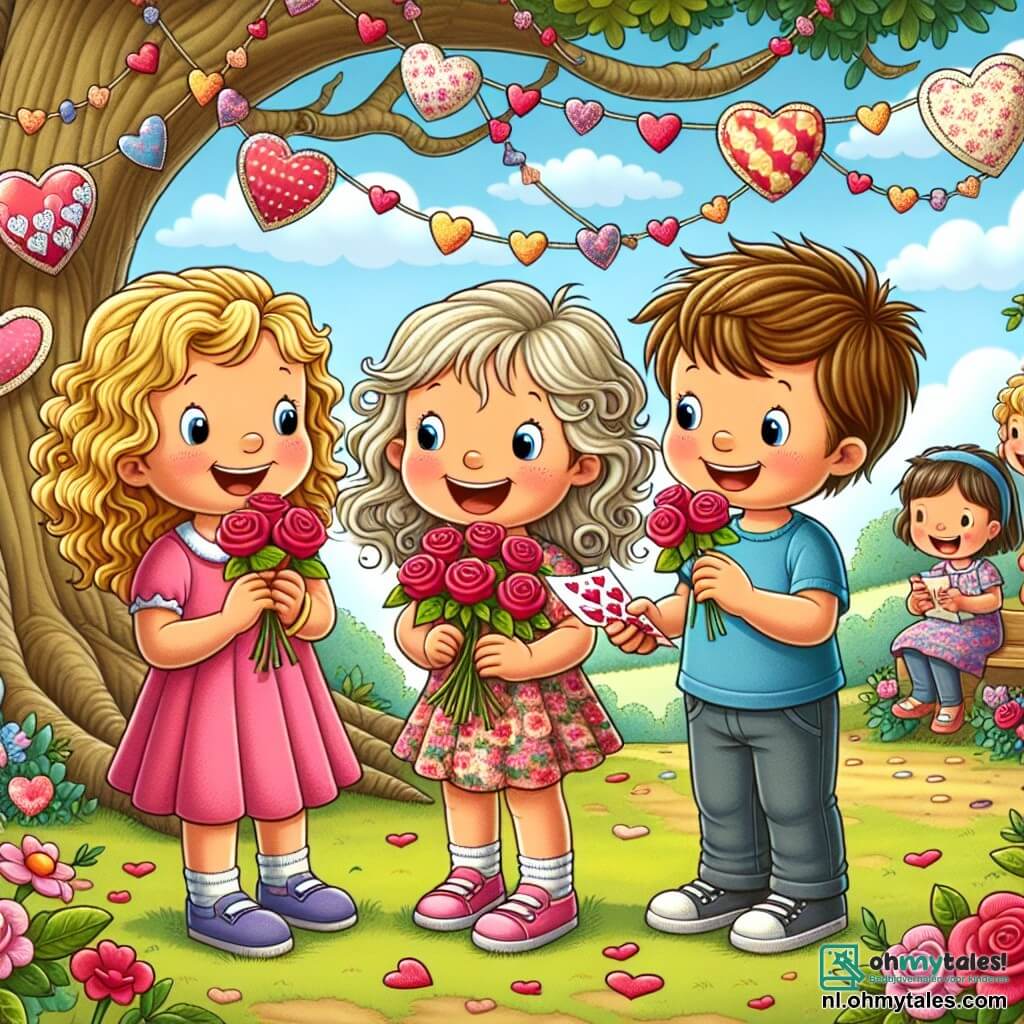 Une illustration sous forme de dessin destinée aux enfants représentant un parc ensoleillé décoré de cœurs et de ballons colorés, où un groupe d'enfants de 5 ans, composé de deux filles aux cheveux blonds et bouclés, l'une portant une robe rose et l'autre une blouse à fleurs, ainsi qu'un garçon aux cheveux bruns et courts en t-shirt bleu, se tiennent joyeusement en cercle en tenant des roses rouges, souriant et riant alors qu'ils partagent des cartes de Saint-Valentin, entourés de guirlandes et d'une grande vieille chêne à l'arrière-plan.